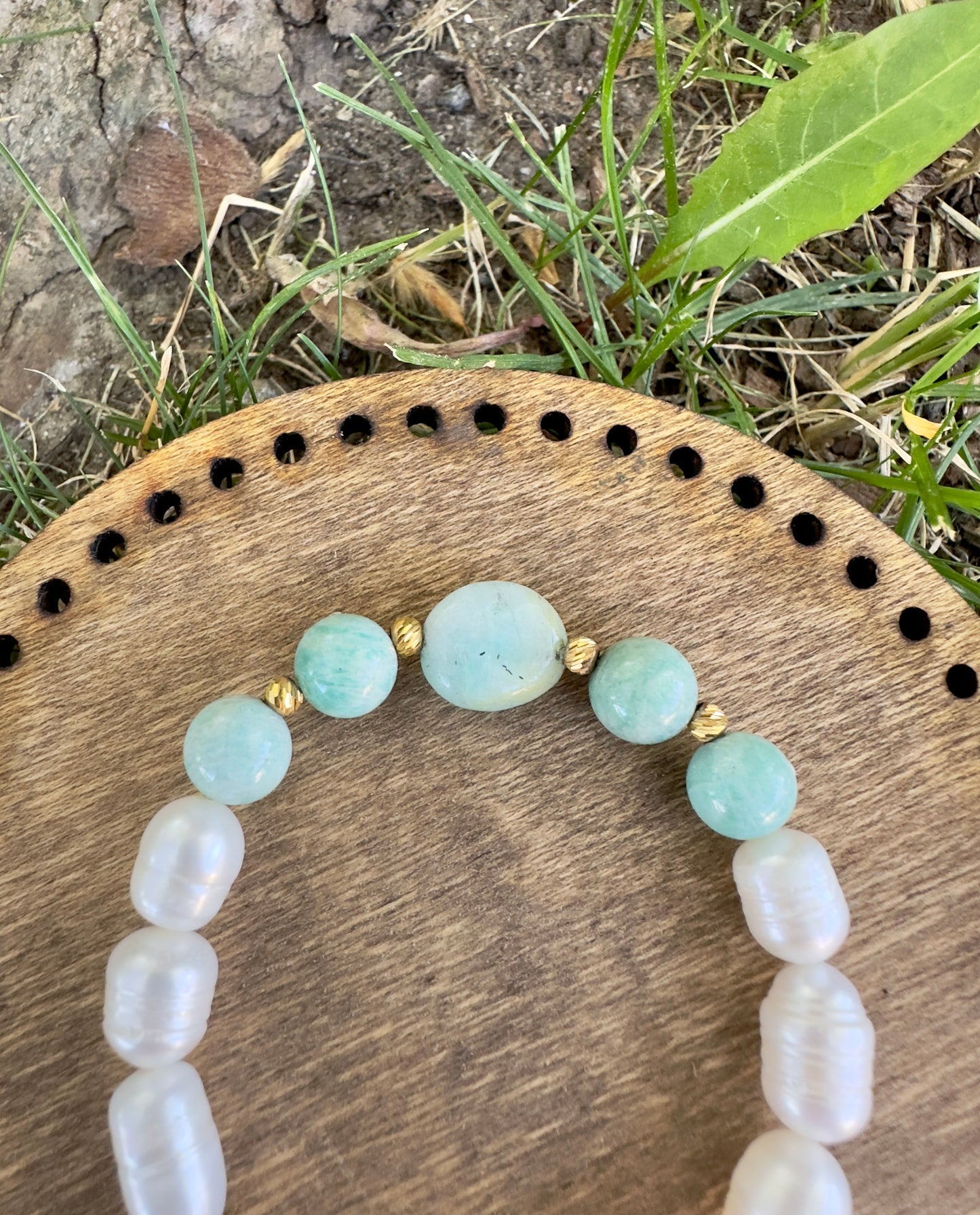 Amazonite-Pearl Bracelet with golden 21-K spacers