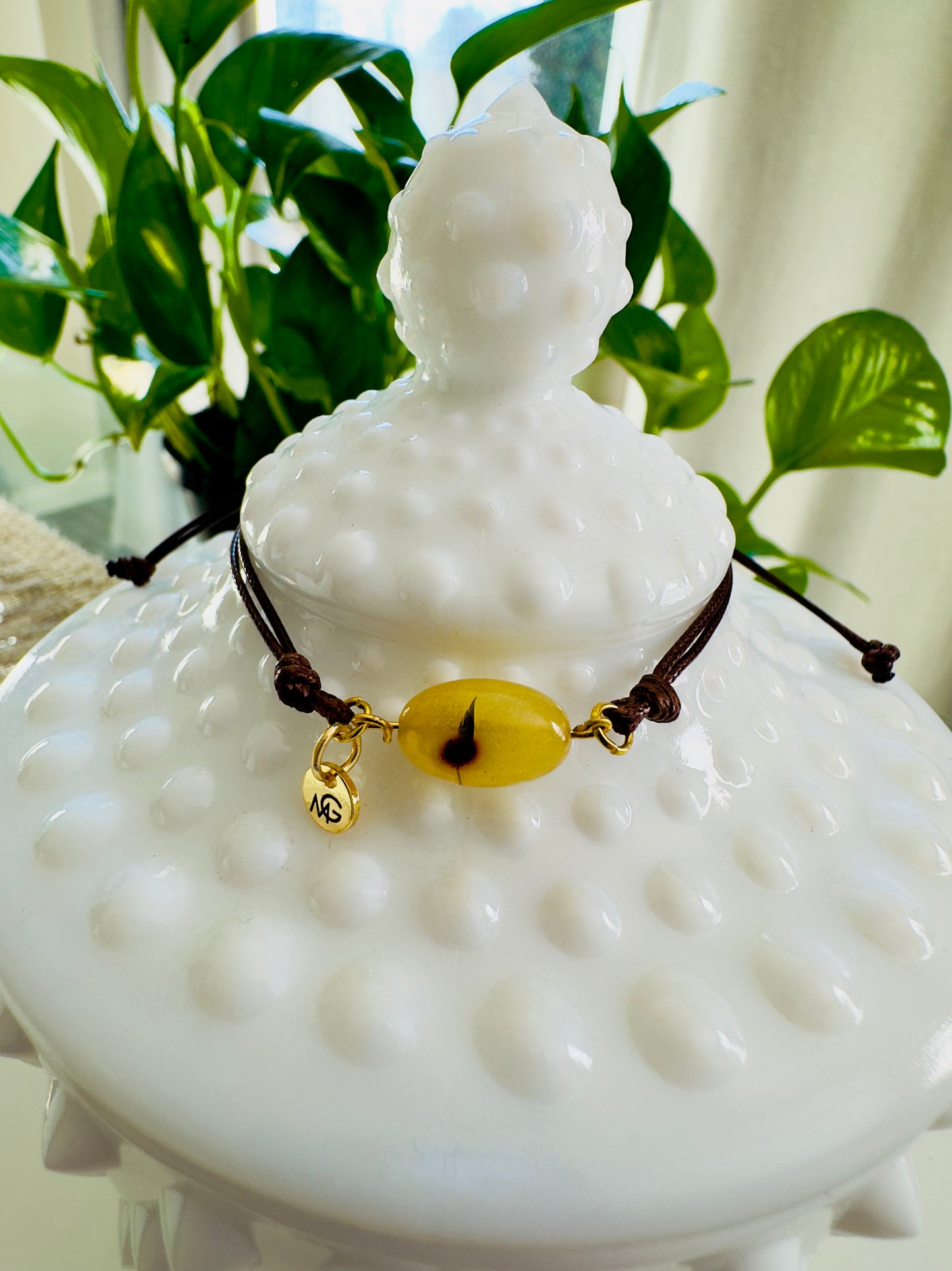 Adjustable Yellow Amber Brown Leather Bracelet
