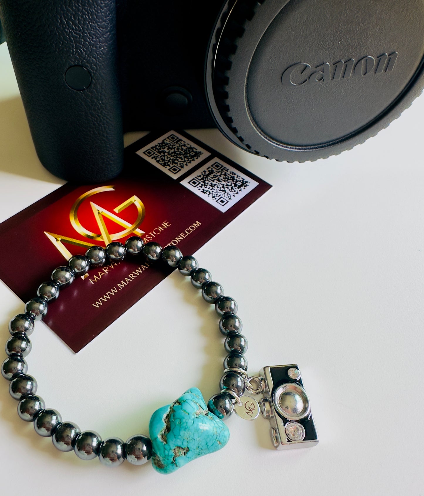 سوار من الهيماتيت والفيروز للرجال والنساء مع حلية الكاميرا