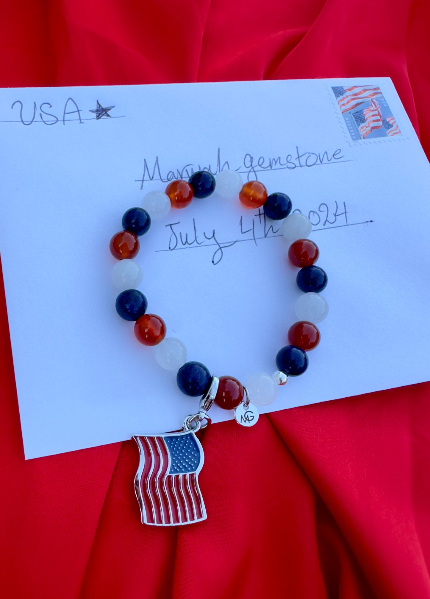 4th of July Design Lapis Lazuli-Red Agate-White Quartz W/ US Flag Charm