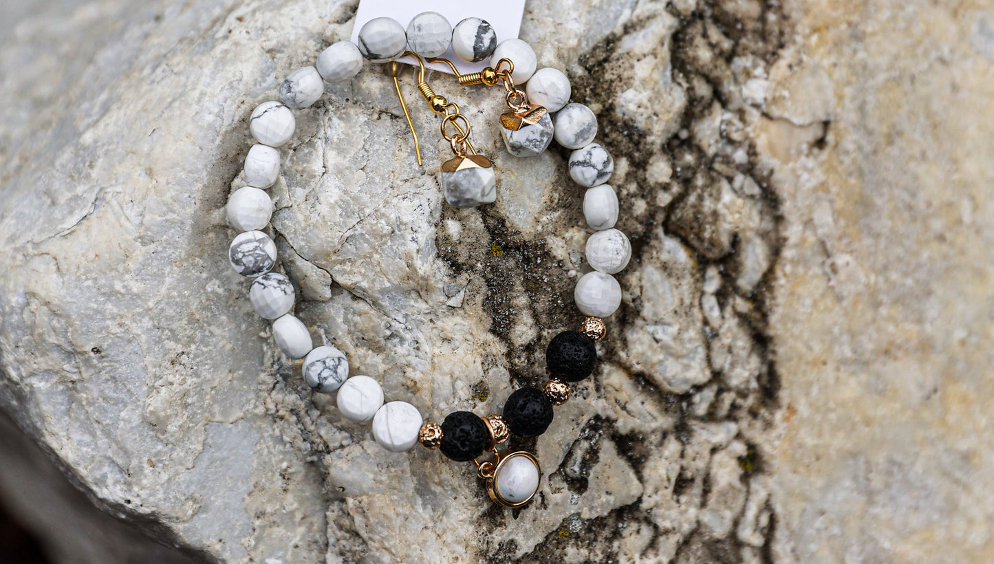 Howlite-Lava Blacelet w/charm + Howlite Earrings
