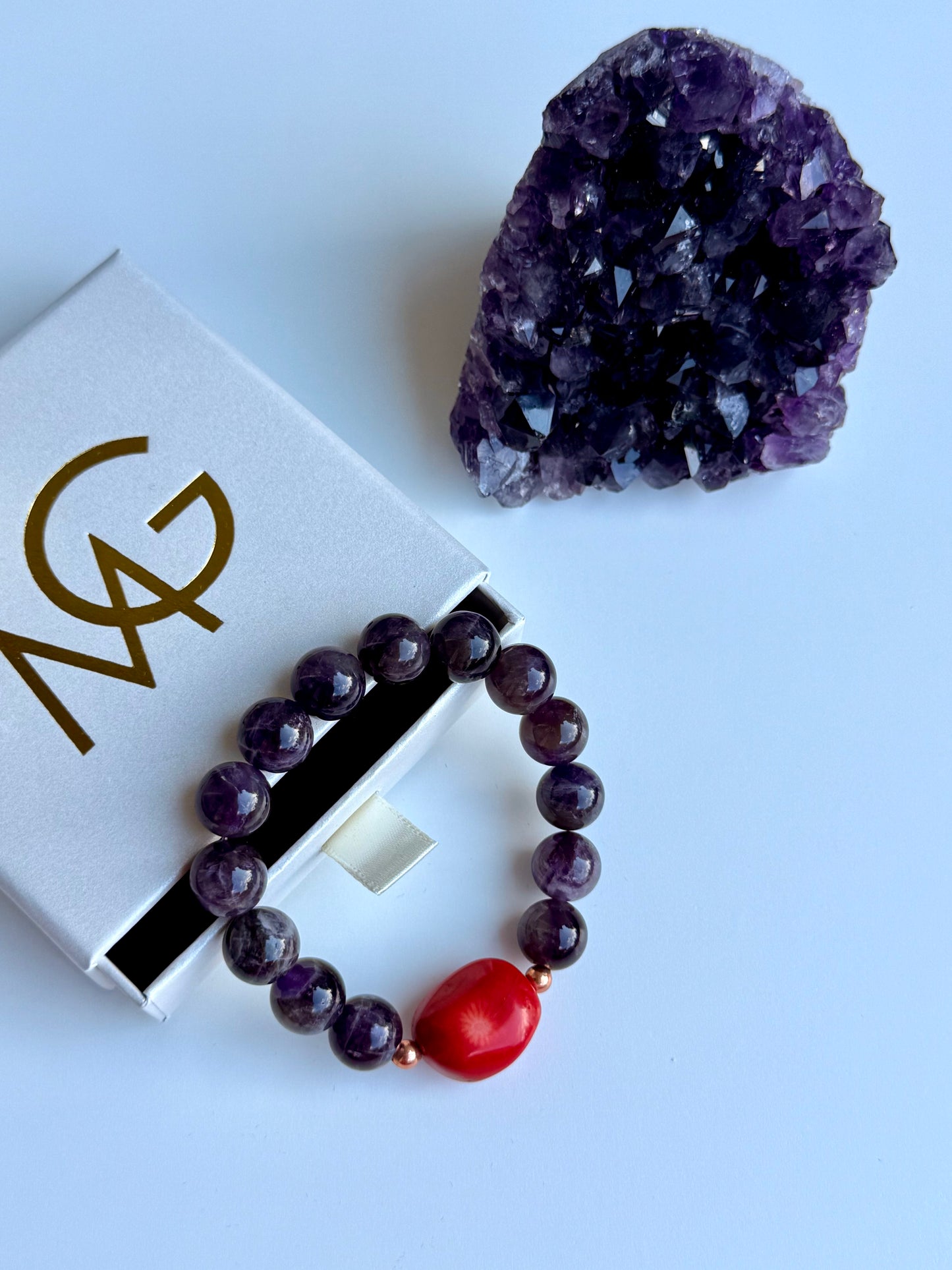 Amethyst - Natural Coral Bracelet with Copper Spacers