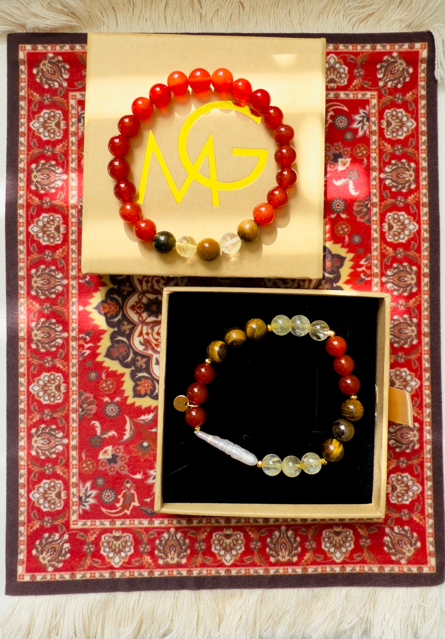 Red Agate - Citrine - Tiger Eye - Freshwater Pearl Twin Bracelet Set