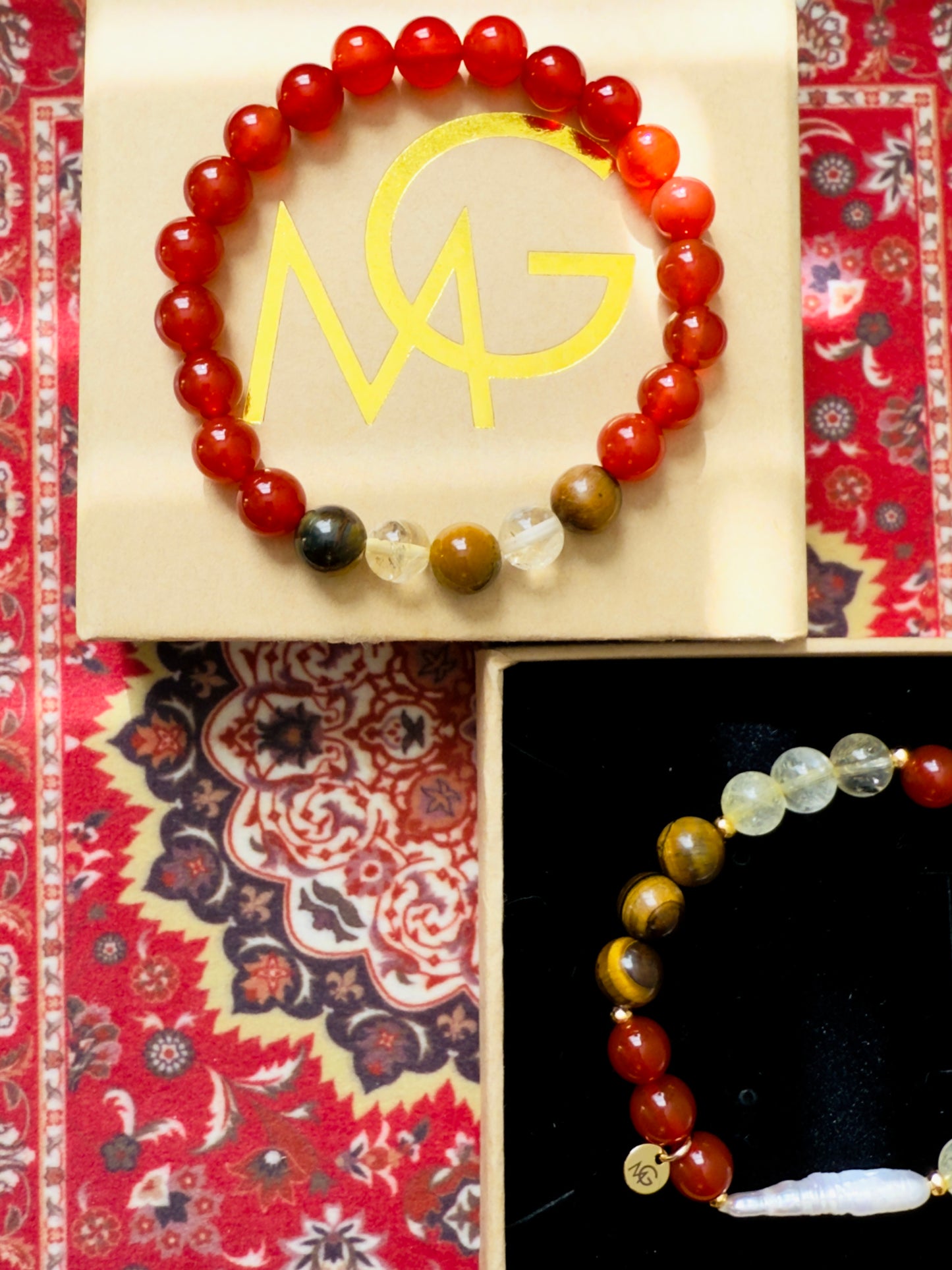 Red Agate - Citrine - Tiger Eye - Freshwater Pearl Twin Bracelet Set
