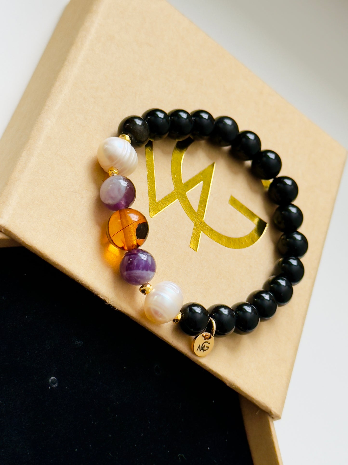 Black Obsidian - Natural Pearl - Amethyst Bracelet With Hematite Spacers