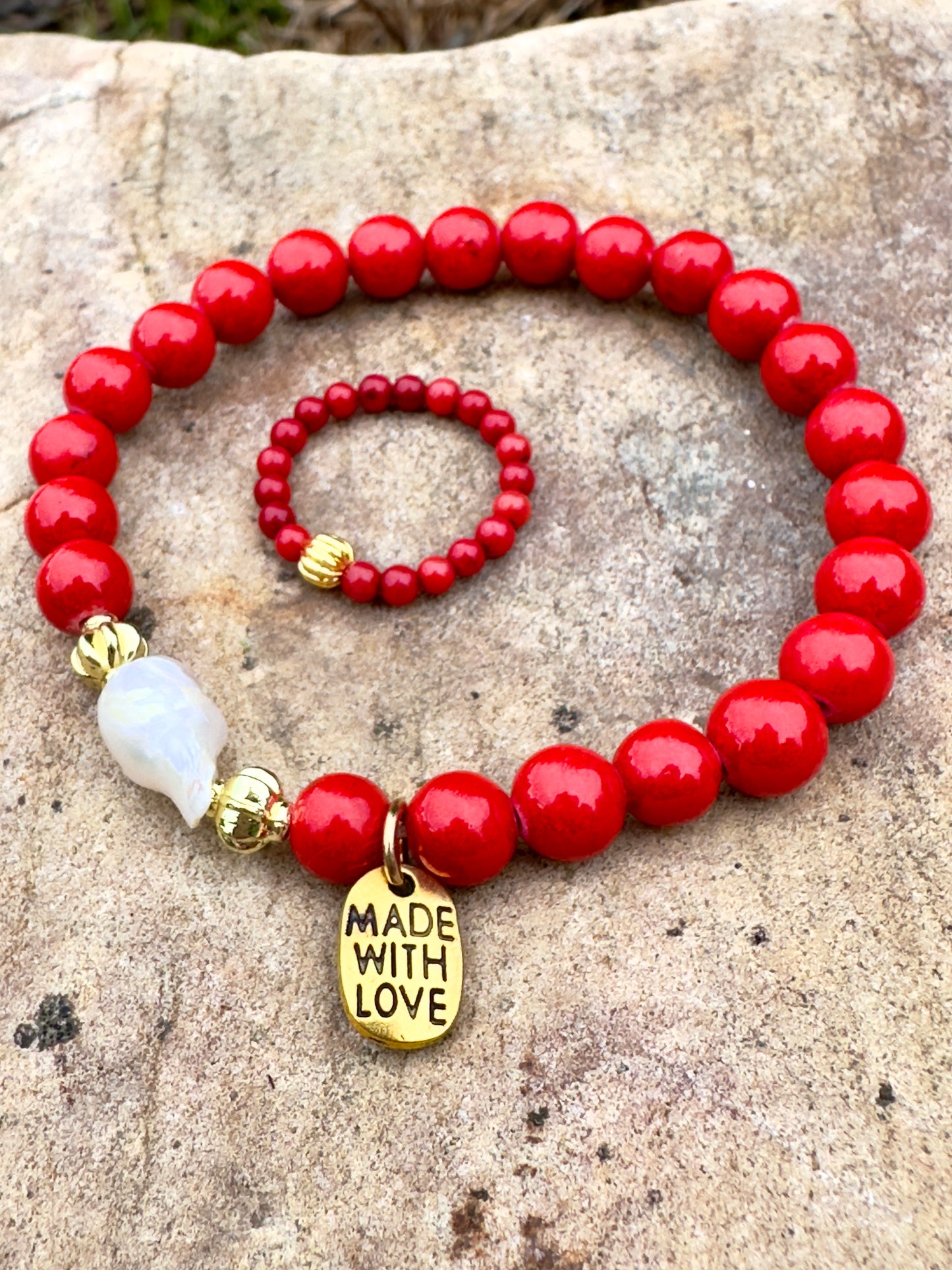 !!!NEW ADDITION!!! Round Beaded Natural Red Coral - Natural Pearl Bracelet W/ Golden Plated Charm + Ring