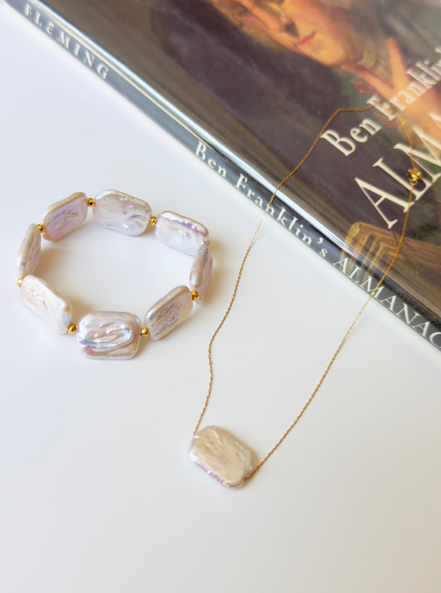 Natural Freshwater Pearl Necklace and Bracelet Set with Golden 21-K Chain and Spacers