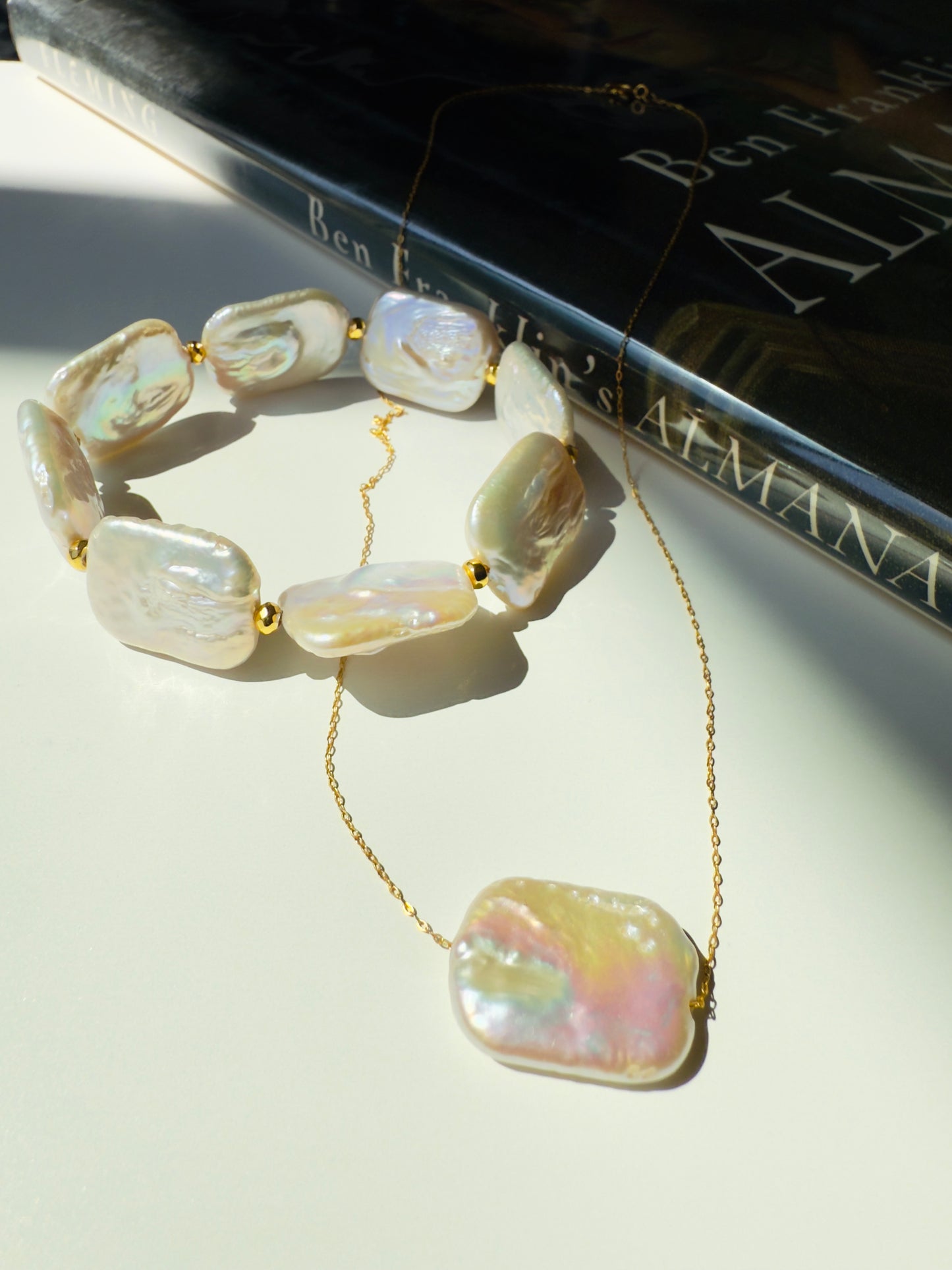 Natural Freshwater Pearl Necklace and Bracelet Set with Golden 21-K Chain and Spacers