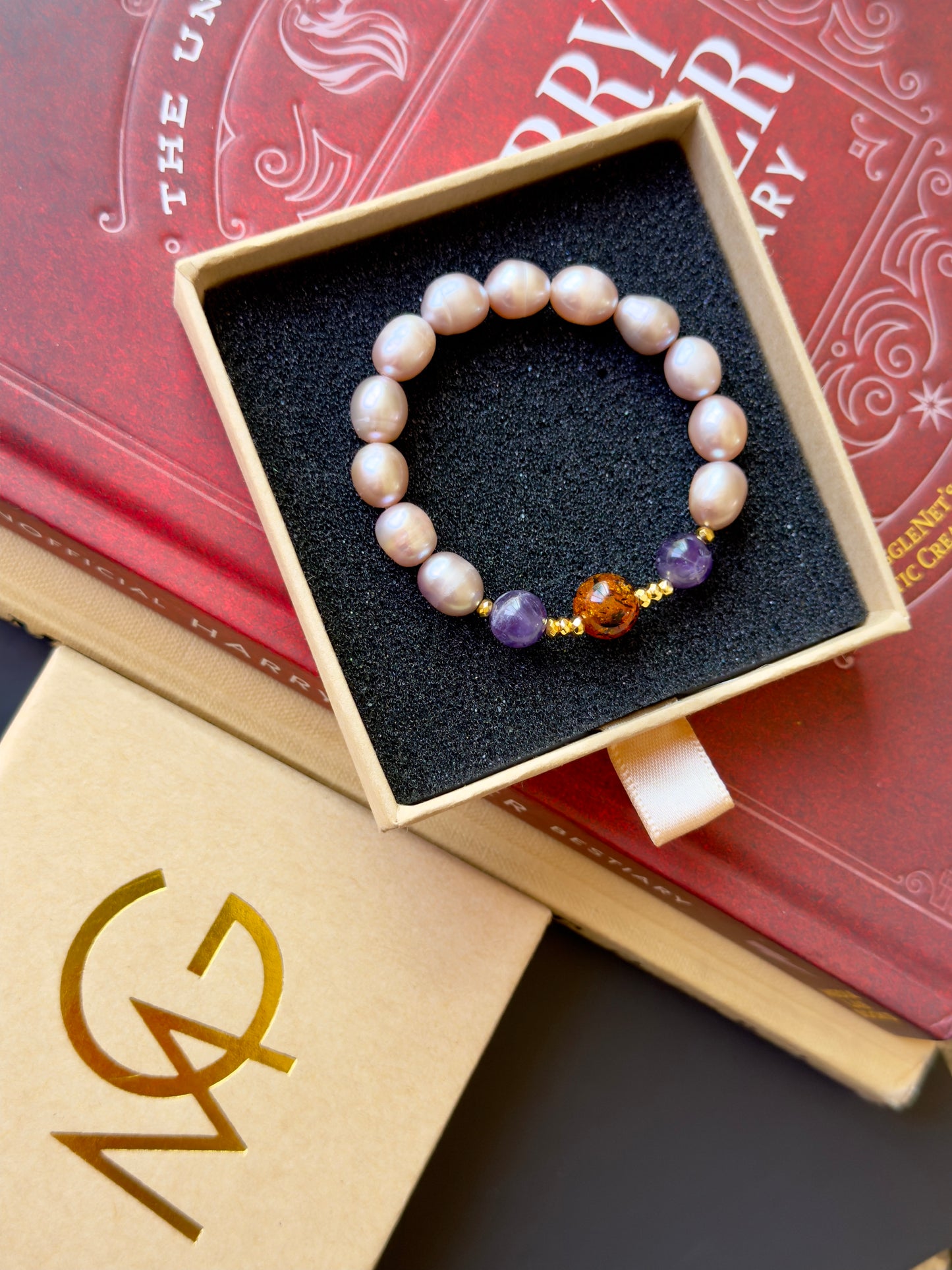 Freshwater Pearl - Amethyst - Amber Bracelet with Hematite Spacers