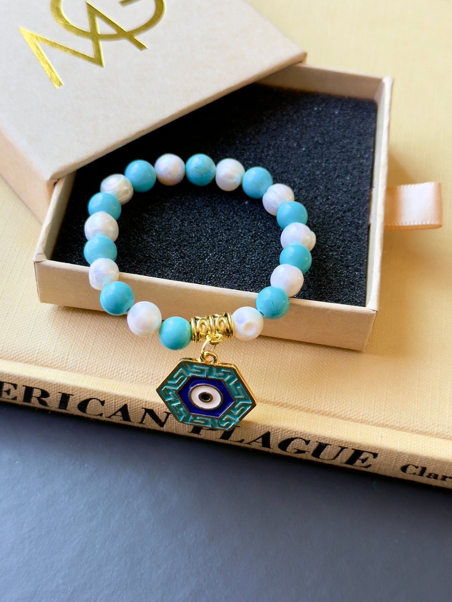 Freshwater Pearl - Turquoise Bracelet with Eye Charm