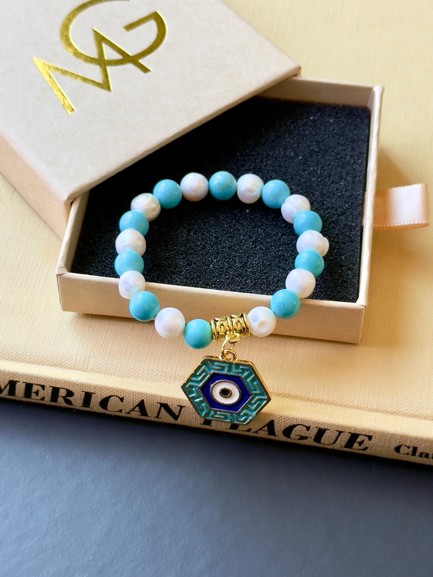 Freshwater Pearl - Turquoise Bracelet with Eye Charm