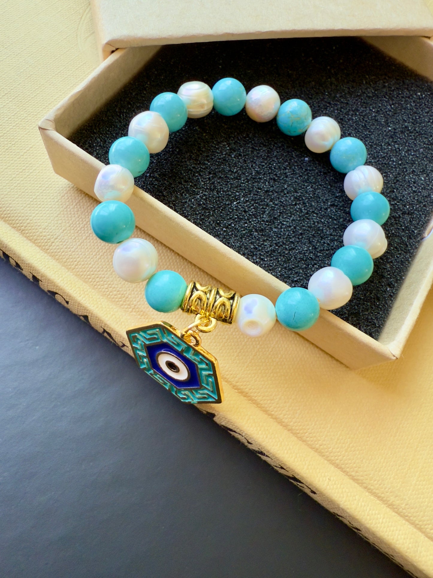 Freshwater Pearl - Turquoise Bracelet with Eye Charm