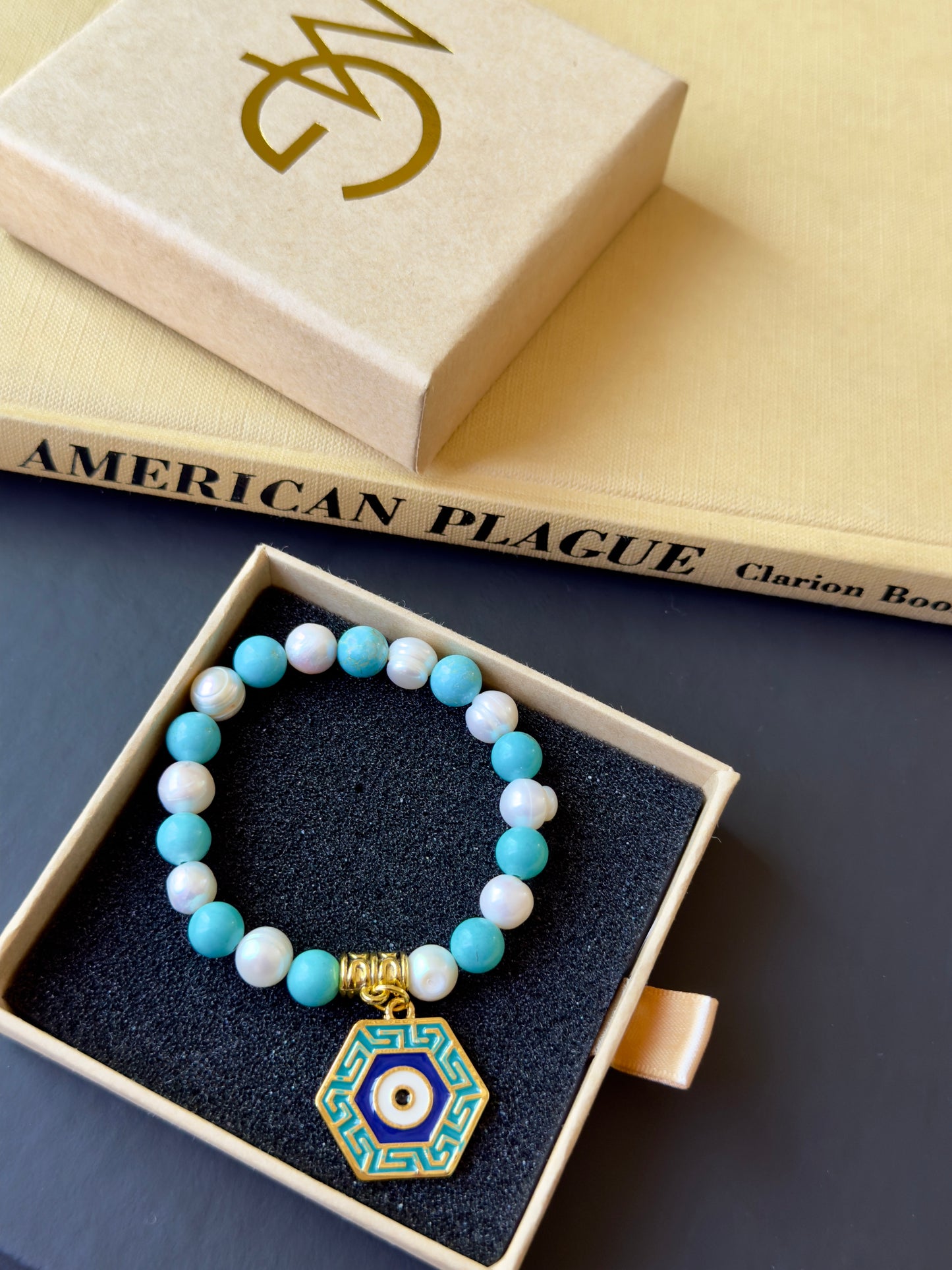 Freshwater Pearl - Turquoise Bracelet with Eye Charm