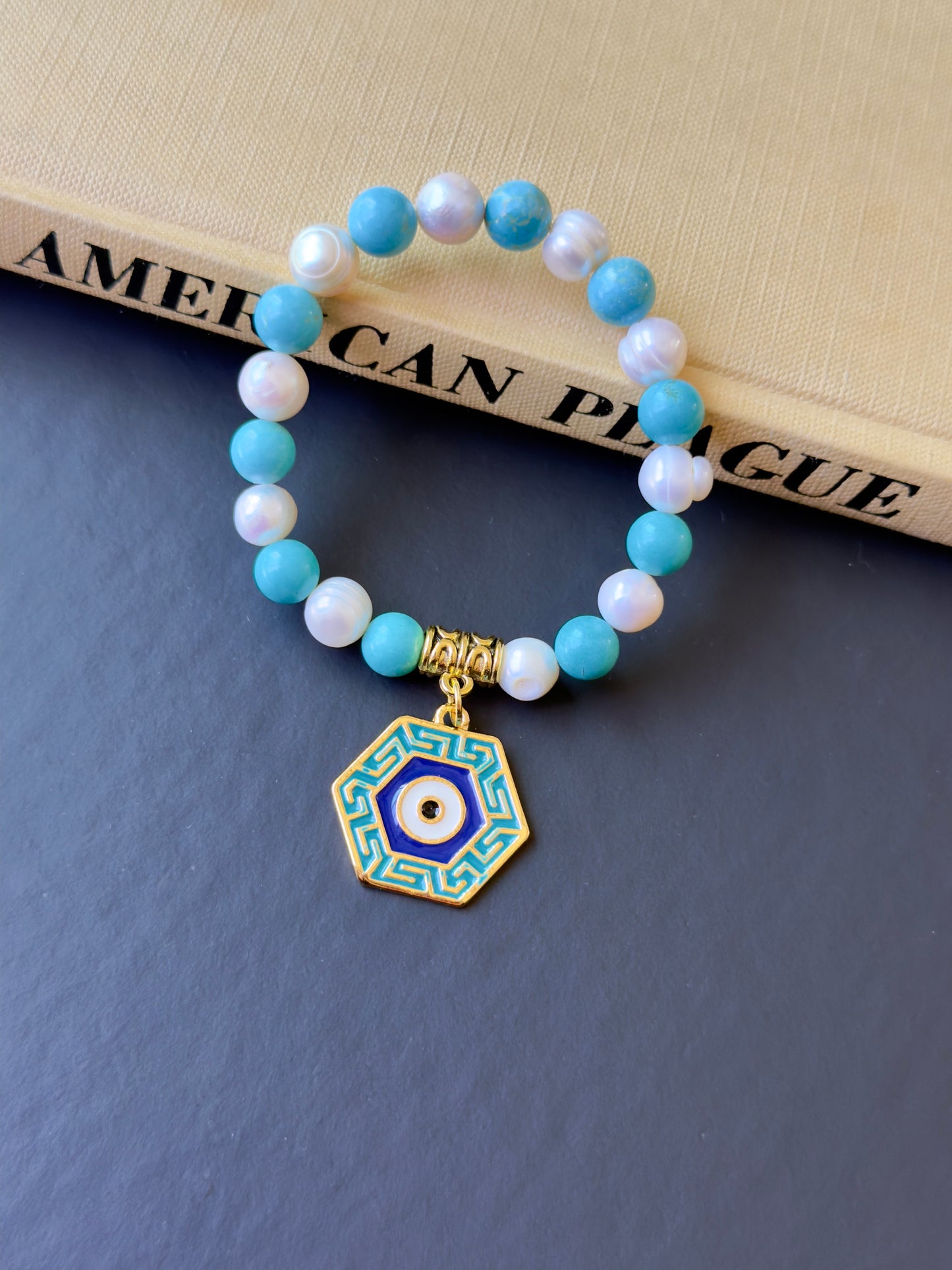 Freshwater Pearl - Turquoise Bracelet with Eye Charm