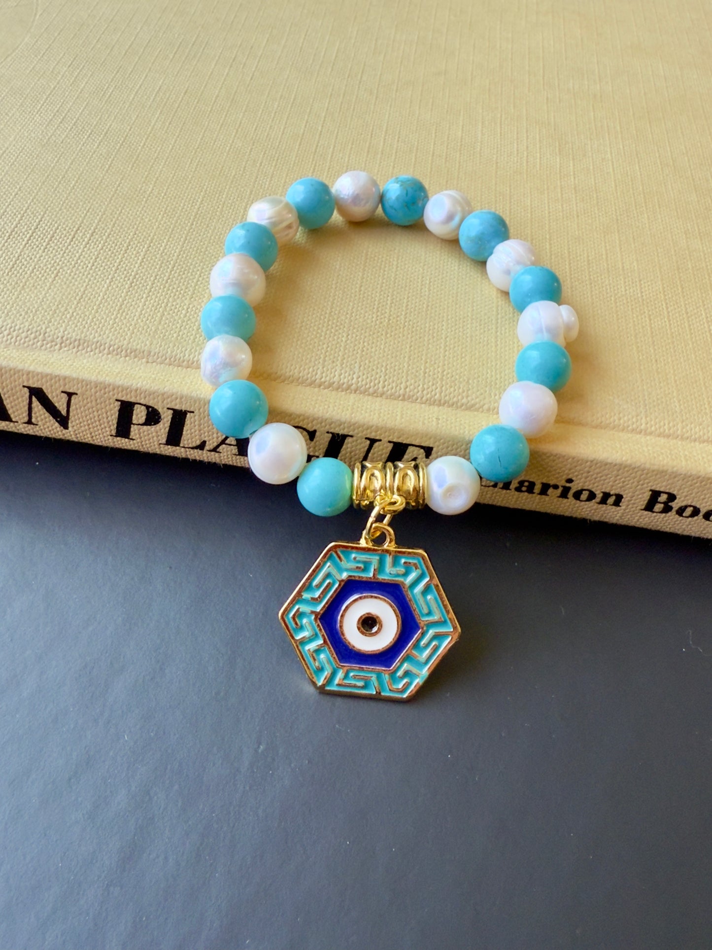 Freshwater Pearl - Turquoise Bracelet with Eye Charm