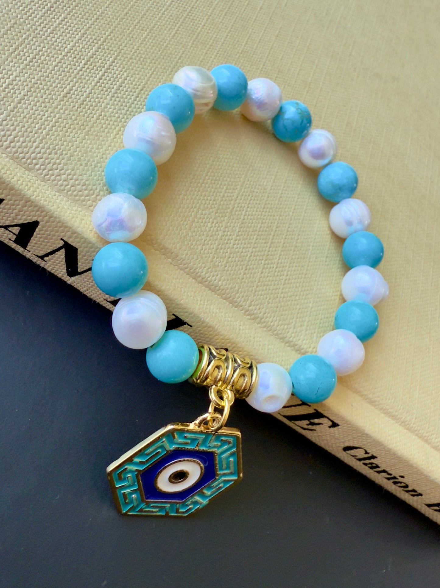 Freshwater Pearl - Turquoise Bracelet with Eye Charm