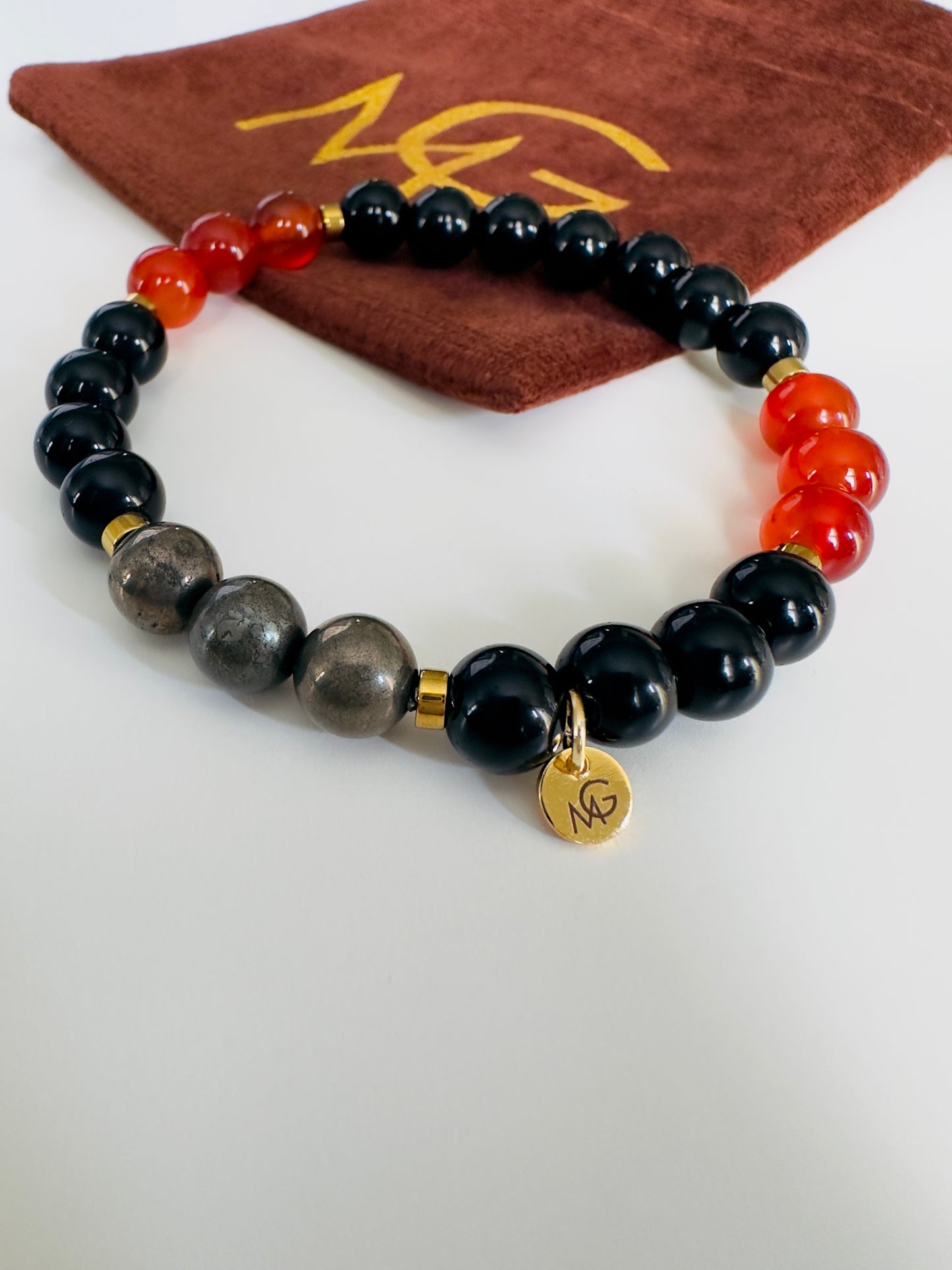 Black Agate-Carnelian-Pyrite Bracelet