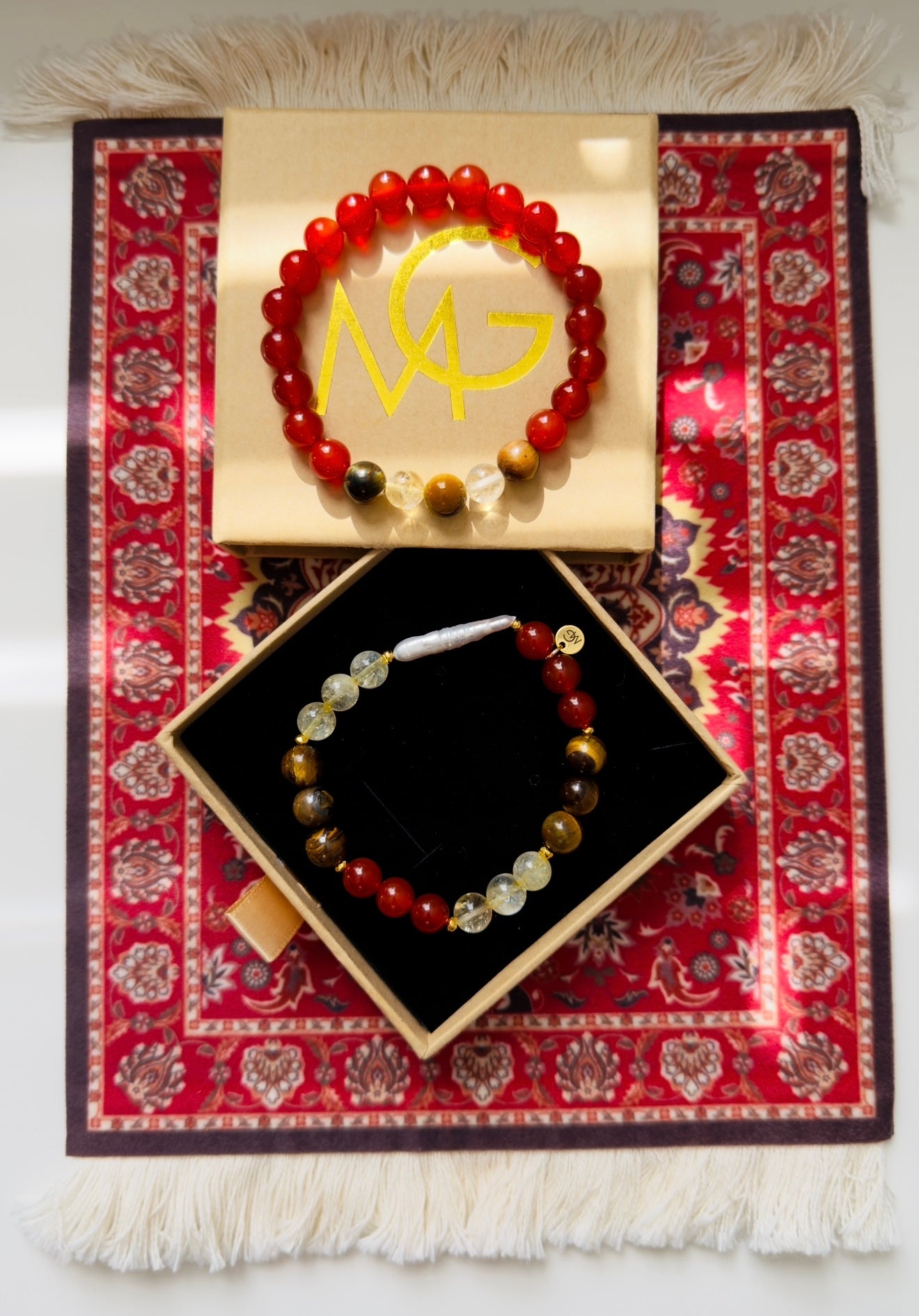 Red Agate - Citrine - Tiger Eye - Freshwater Pearl Twin Bracelet Set