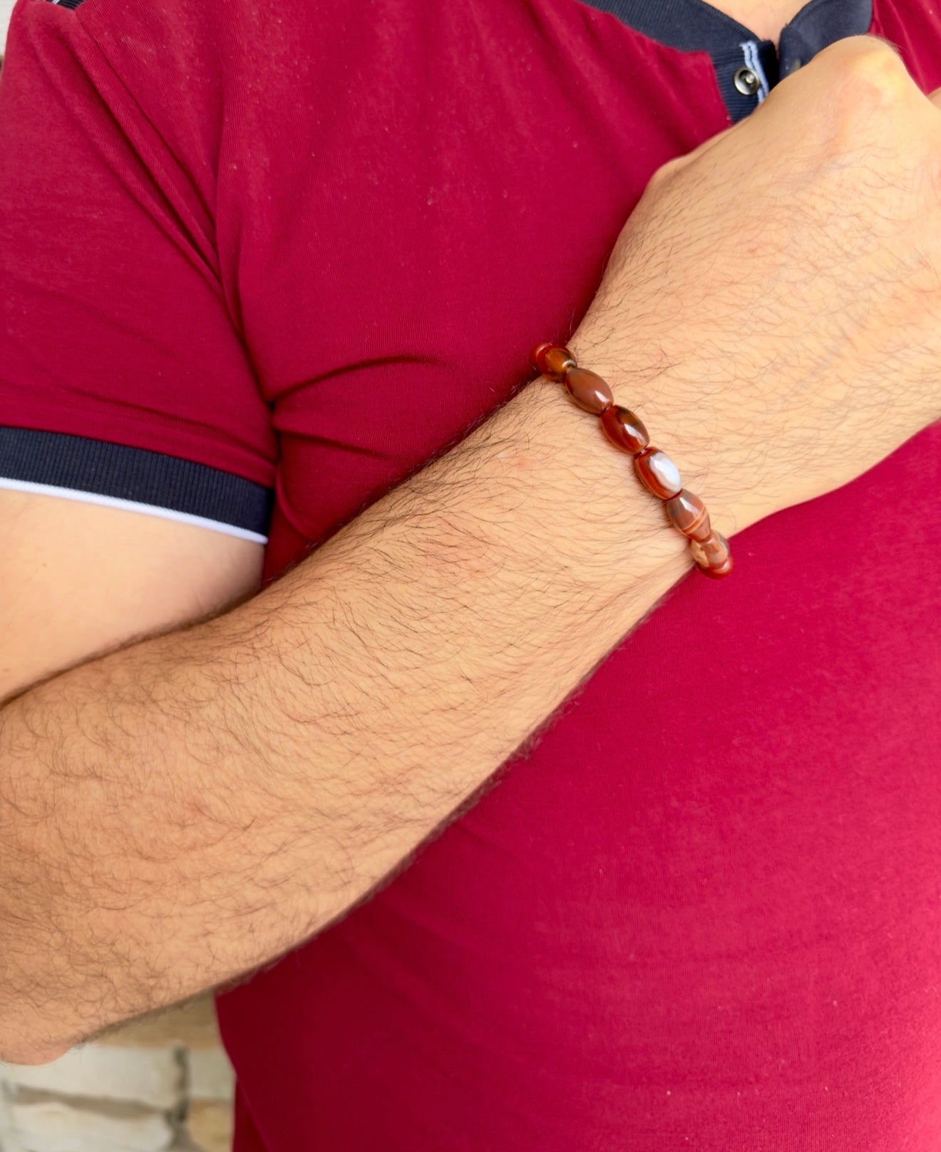 Cylinder Shaped Red Agate Men's Bracelet
