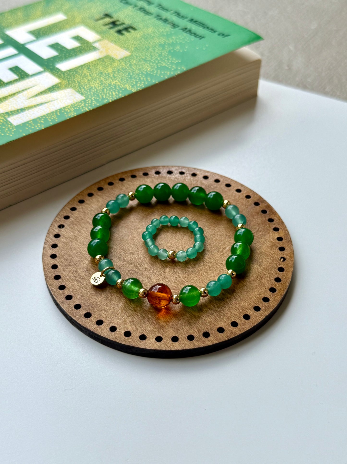Green Aventurine - Green Jade - Natural Amber Bracelet with Green Aventurine Ring