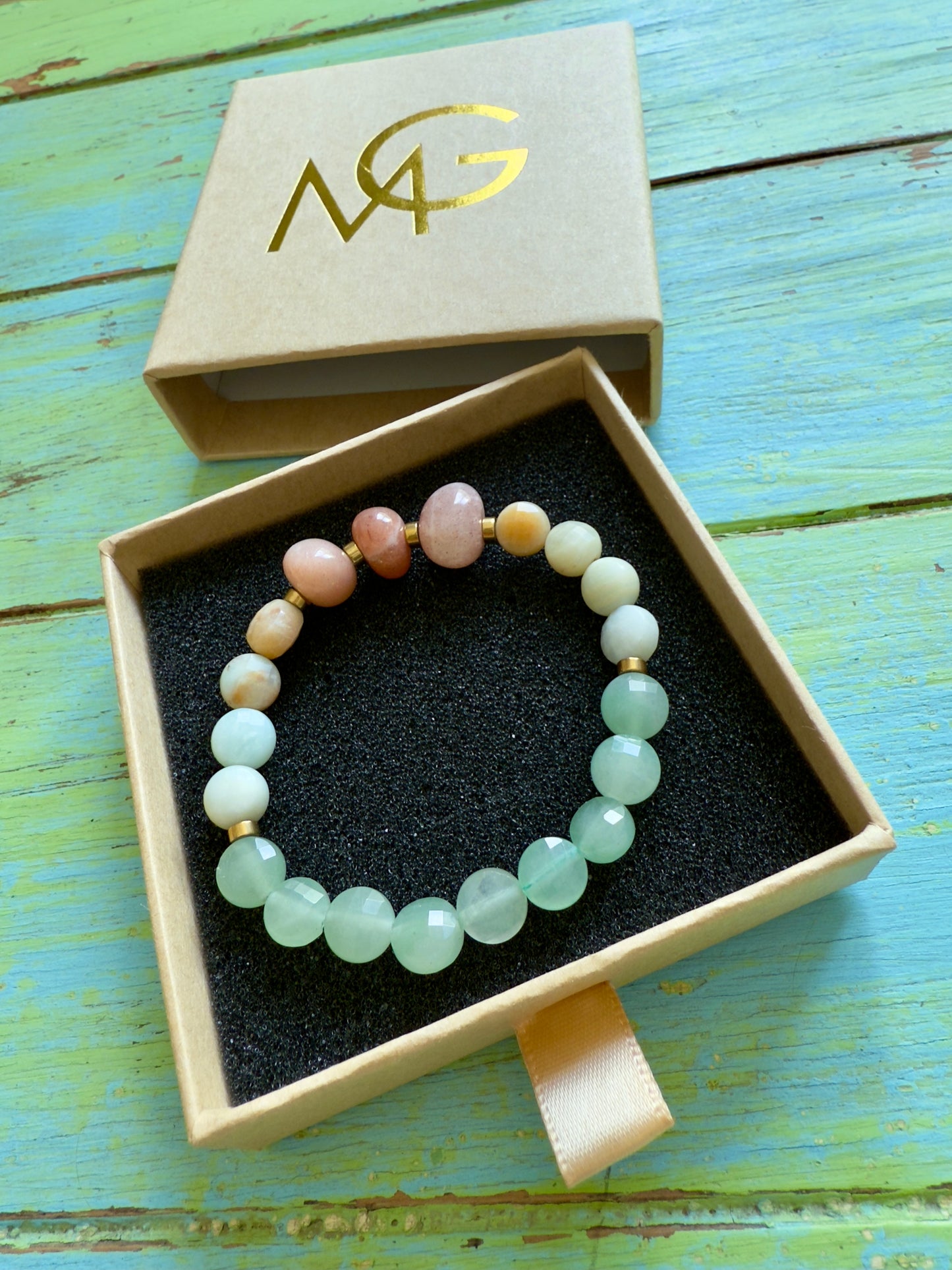 Sun Stone - Faceted Amazonite - Faceted Green Aventurine Bracelet