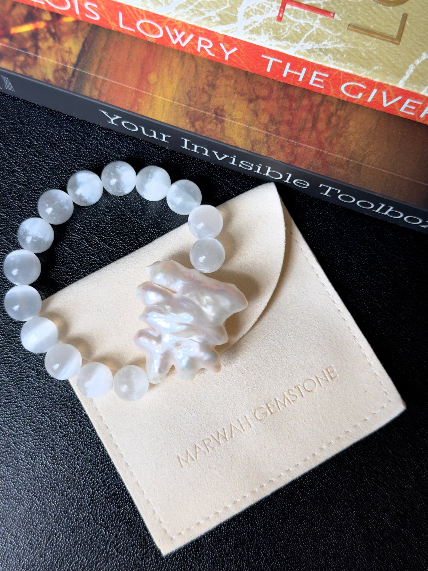 White Selenite - Unique Freshwater Pearl Bracelet