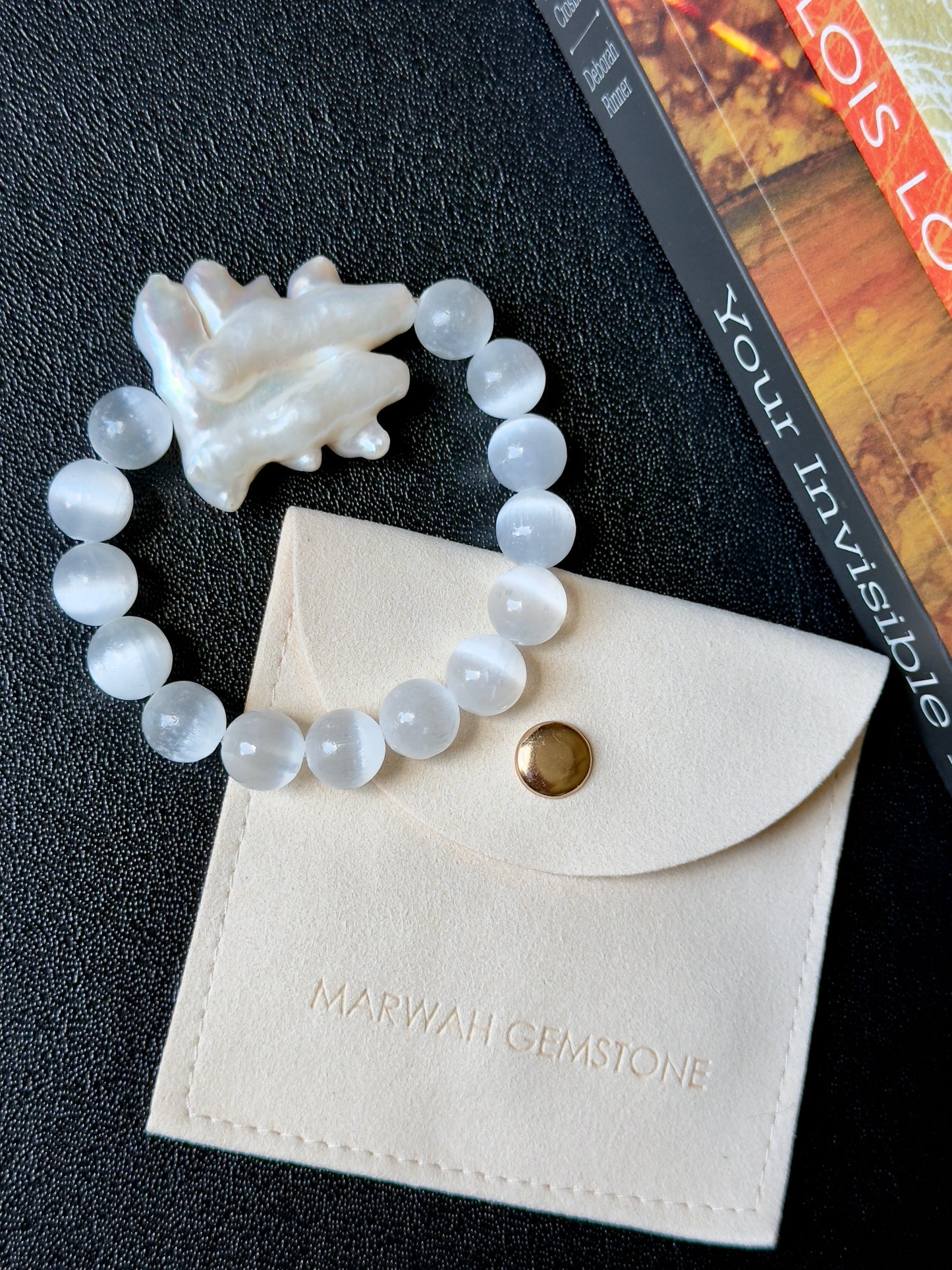 White Selenite - Unique Freshwater Pearl Bracelet