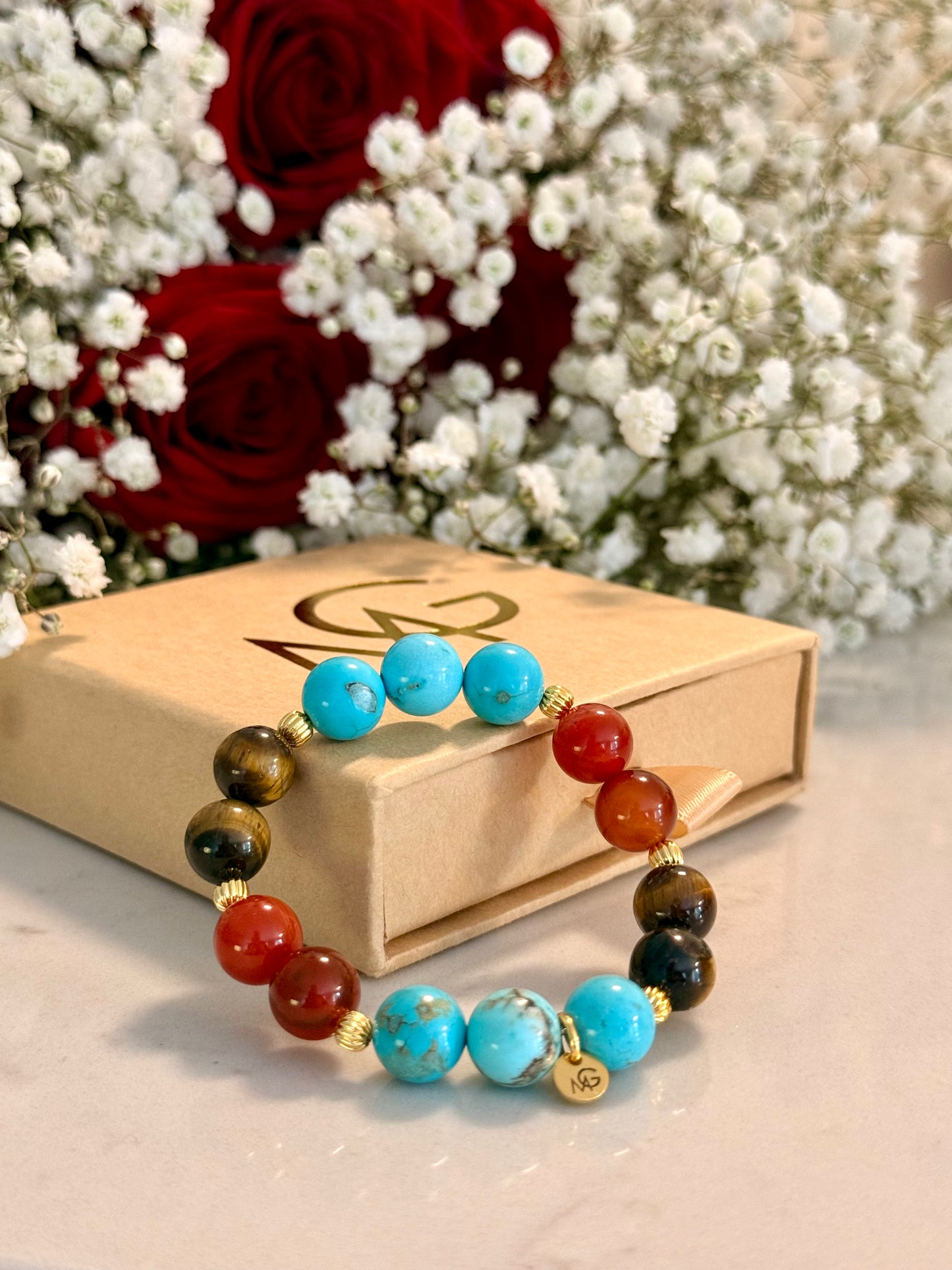 Turquoise - Red Agate - Tiger Eye Bracelet