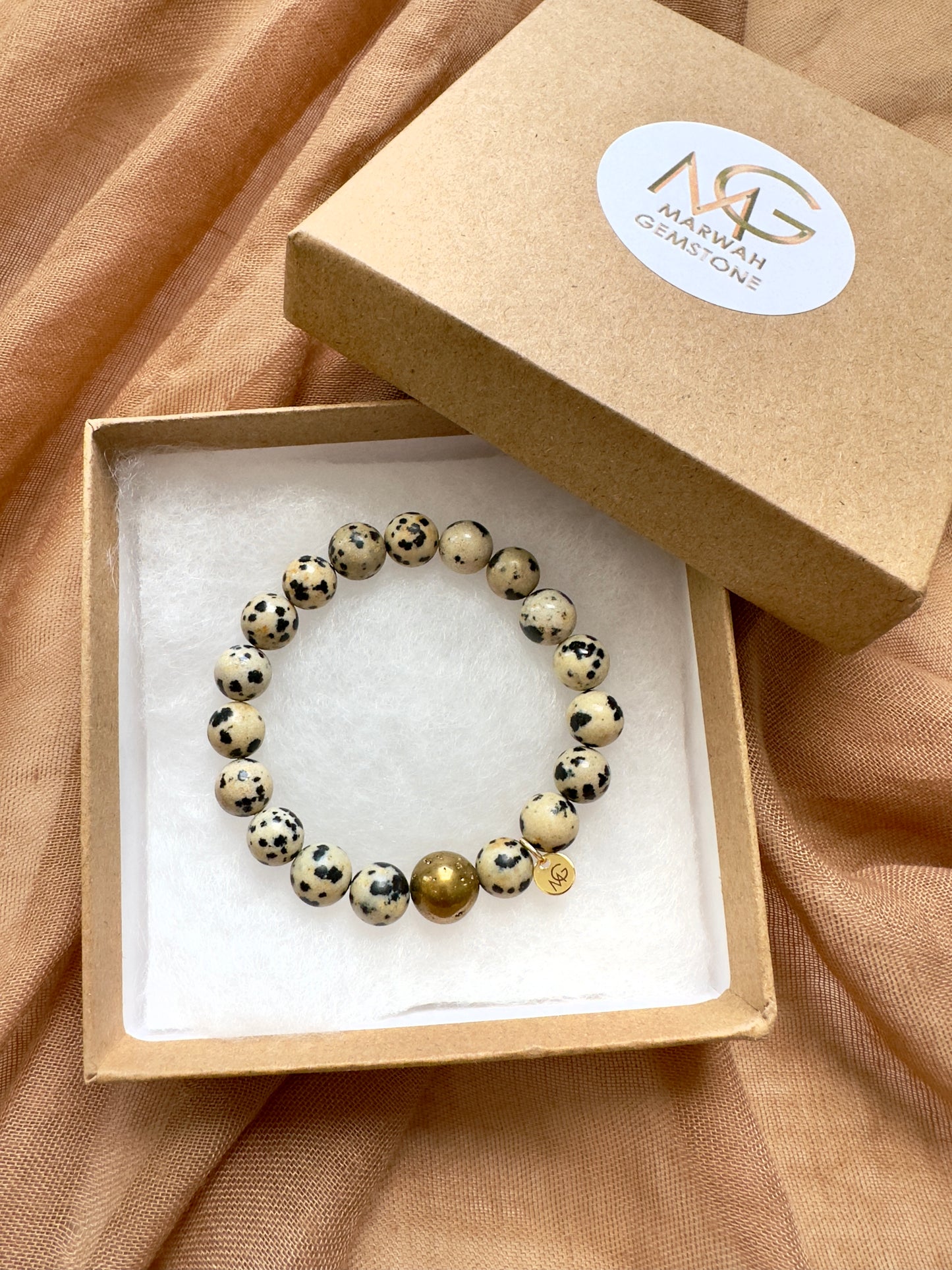 Dalmatian Jasper Bracelet W/ Big Golden Genuine Stone