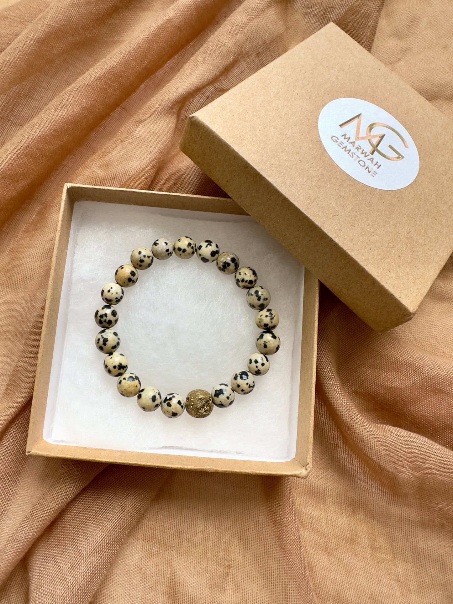 Dalmatian Jasper Bracelet W/ Big Golden Genuine Stone