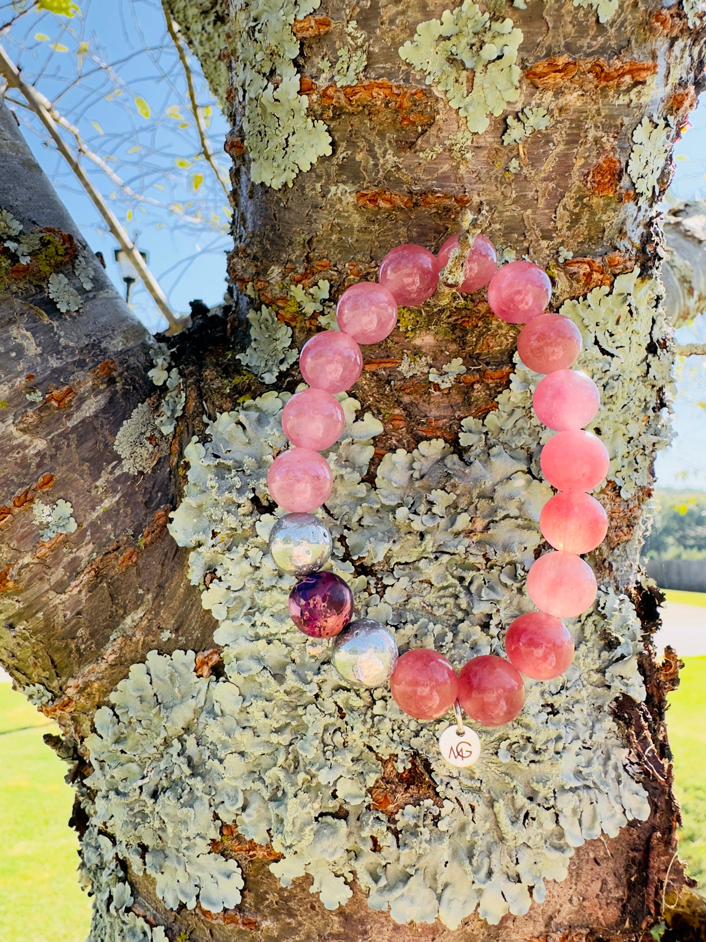 سوار من حجر الكوارتز الفراولة والفضة الأصلي