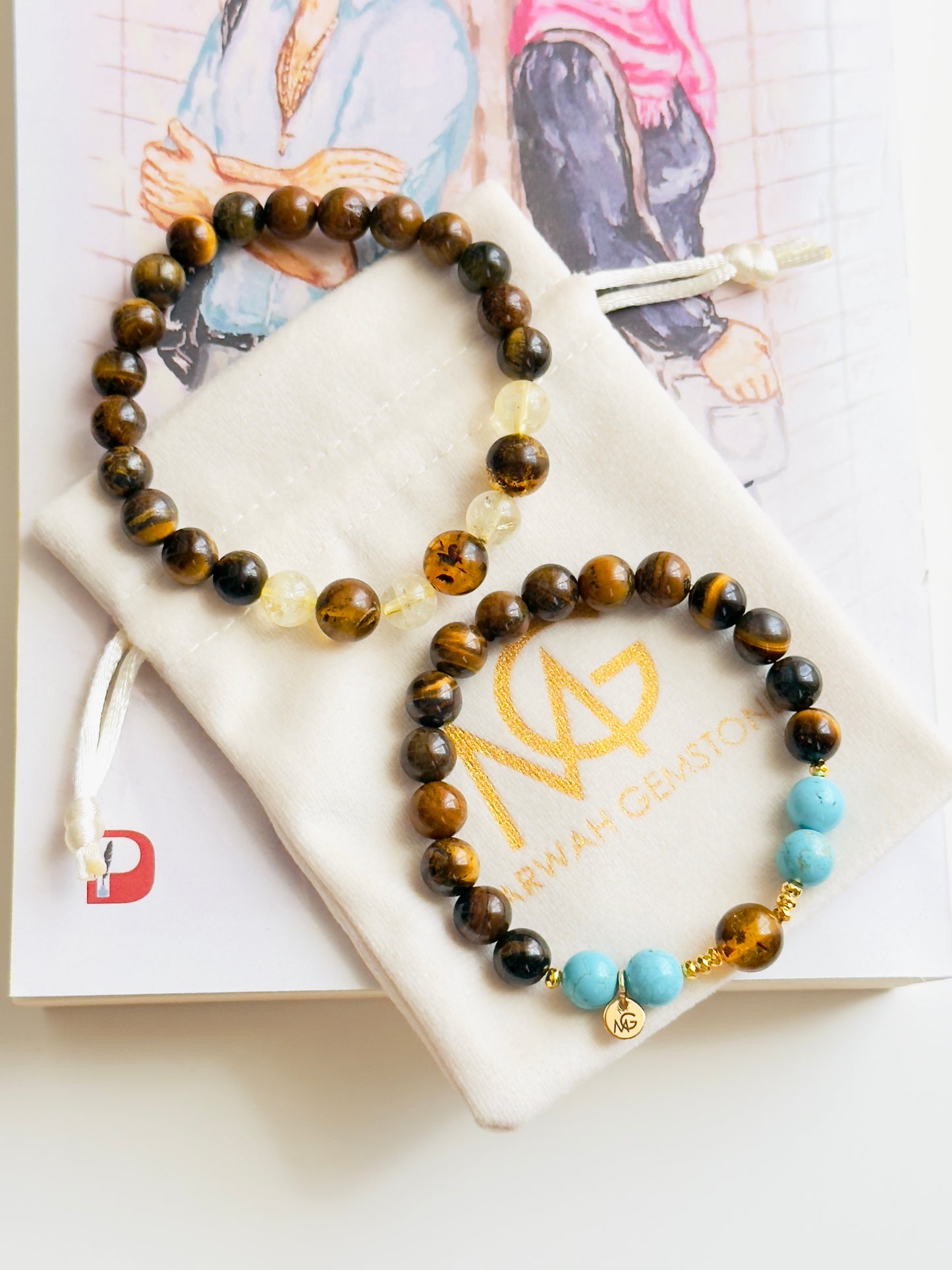 Tiger Eye - Turquoise - Amber - Citrine Twins Bracelet Set