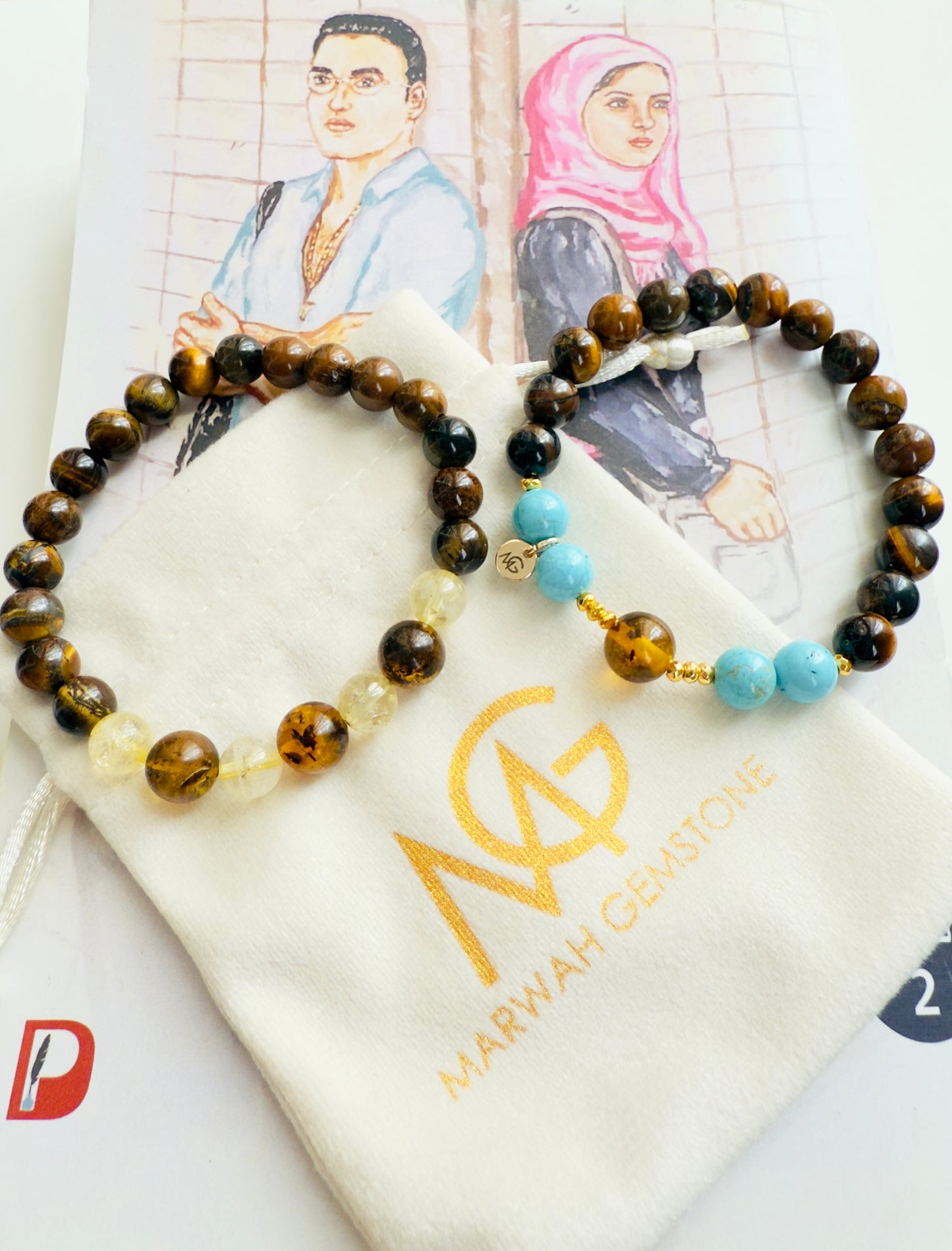 Tiger Eye - Turquoise - Amber - Citrine Twins Bracelet Set