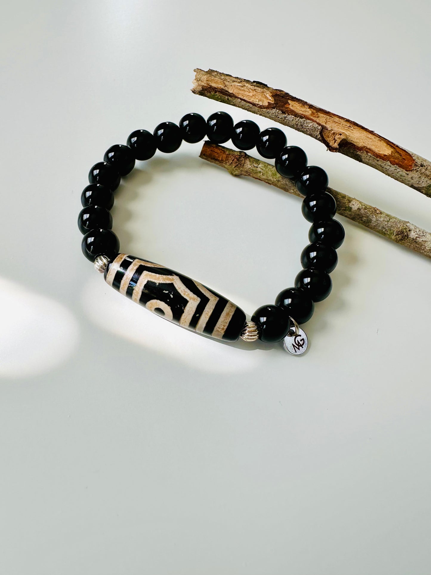 سوار للجنسين من العقيق الأسود والعقيق التبتي