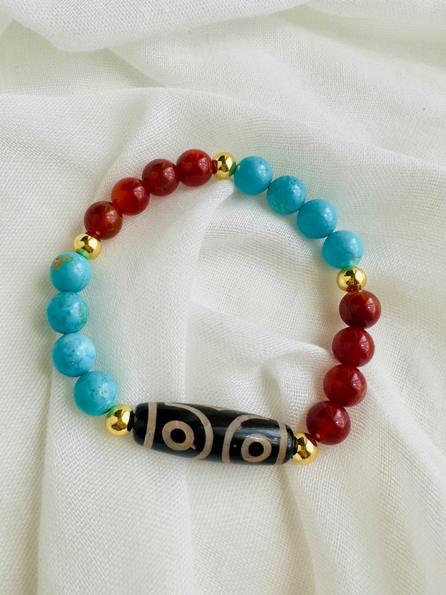 سوار تصميم حسب الطلب من حجرة العقيق الاسود (عقيق التبت) مع الفيروز الاصلي و عقيق الكارنيليان