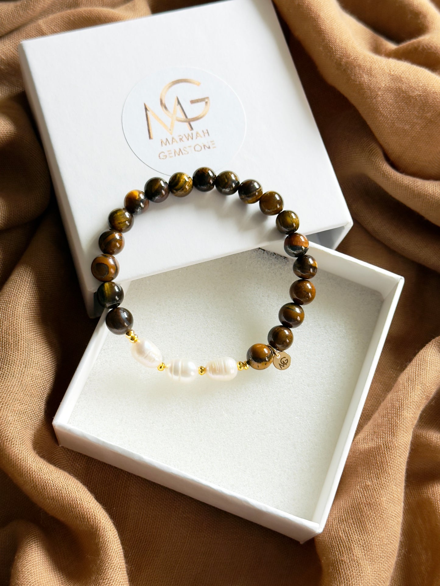 Tiger Eye - Natural Pearl Bracelet with Hematite Spacers