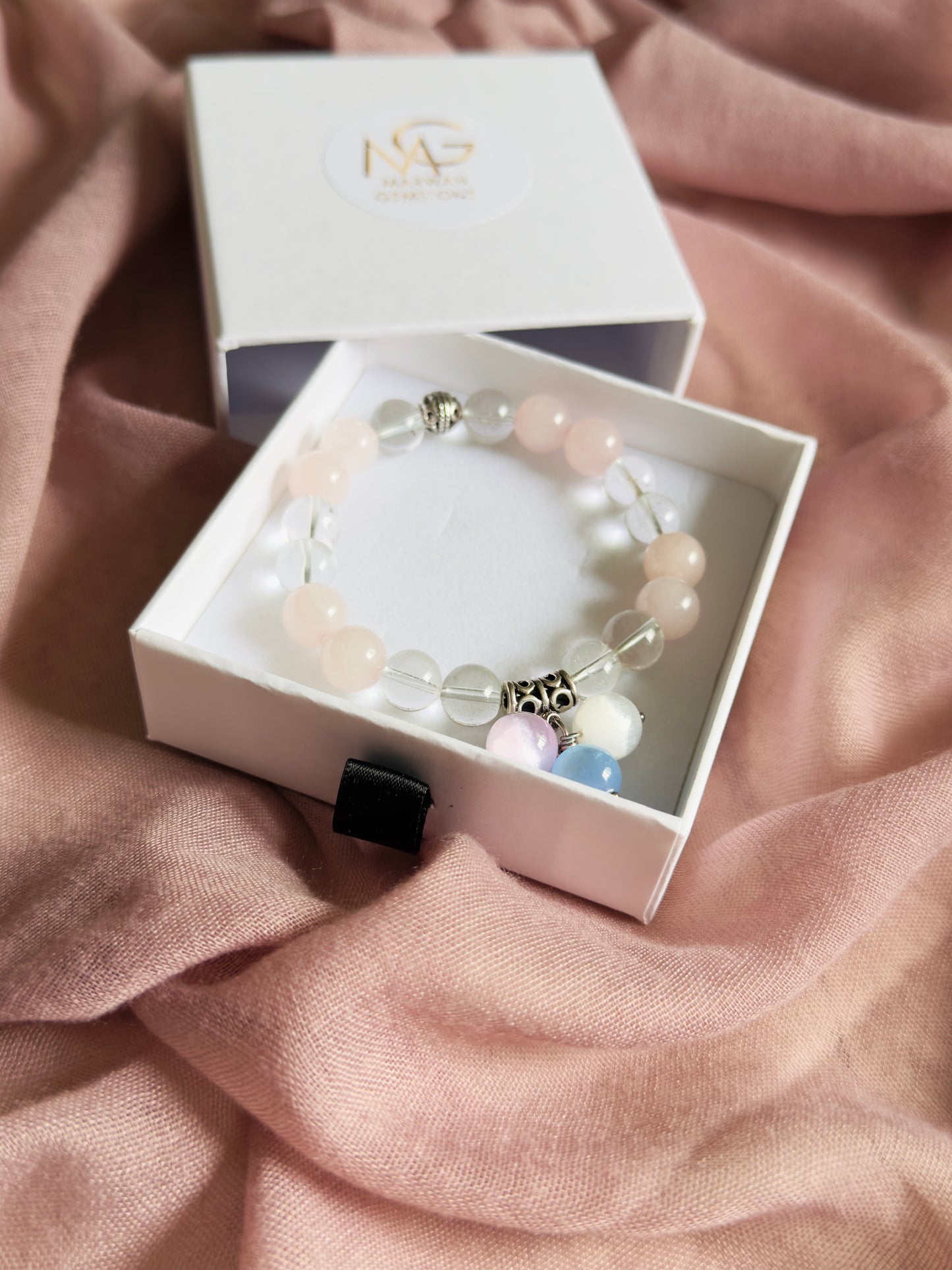 **NEW DESIGN** Rose Quartz - Clear Quartz Bracelet with Selenite Charm