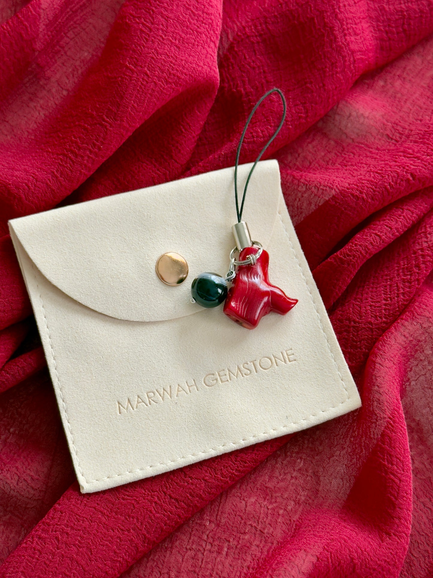 Natural Coral - Black Agate Phone Charm