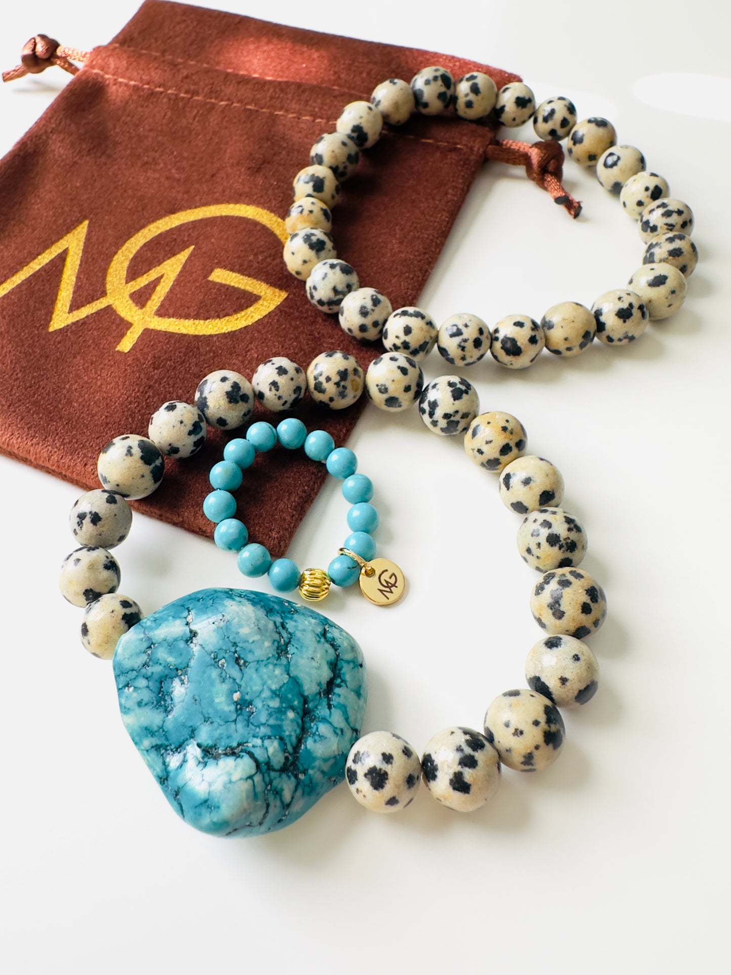 Dalmatian Jasper - Turquoise Bracelet + Turquoise Ring Couple Set