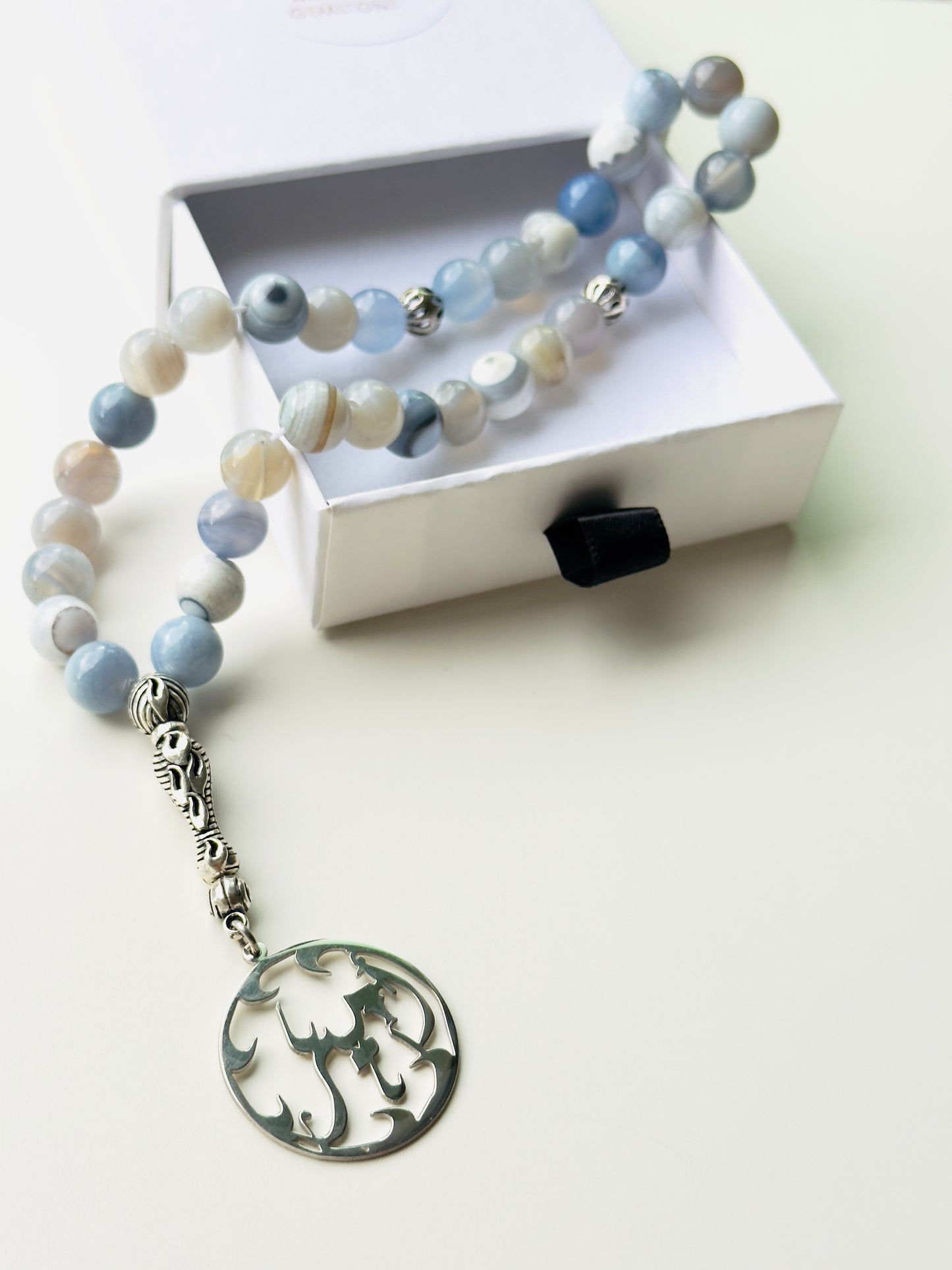33-Bead Blue Agate Misbaha with Custom Silver 925 Arabic Name Charm