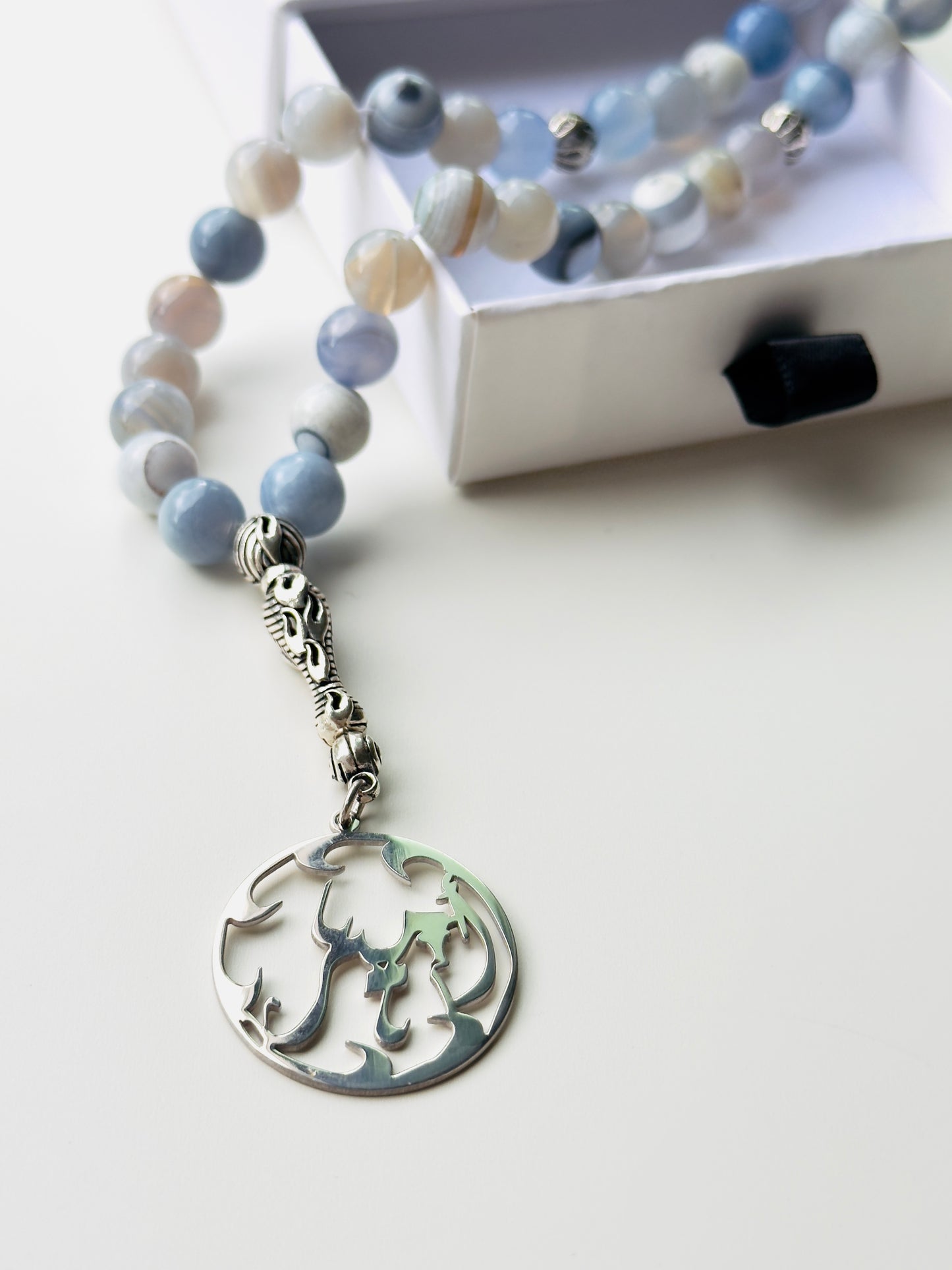 33-Bead Blue Agate Misbaha with Custom Silver 925 Arabic Name Charm