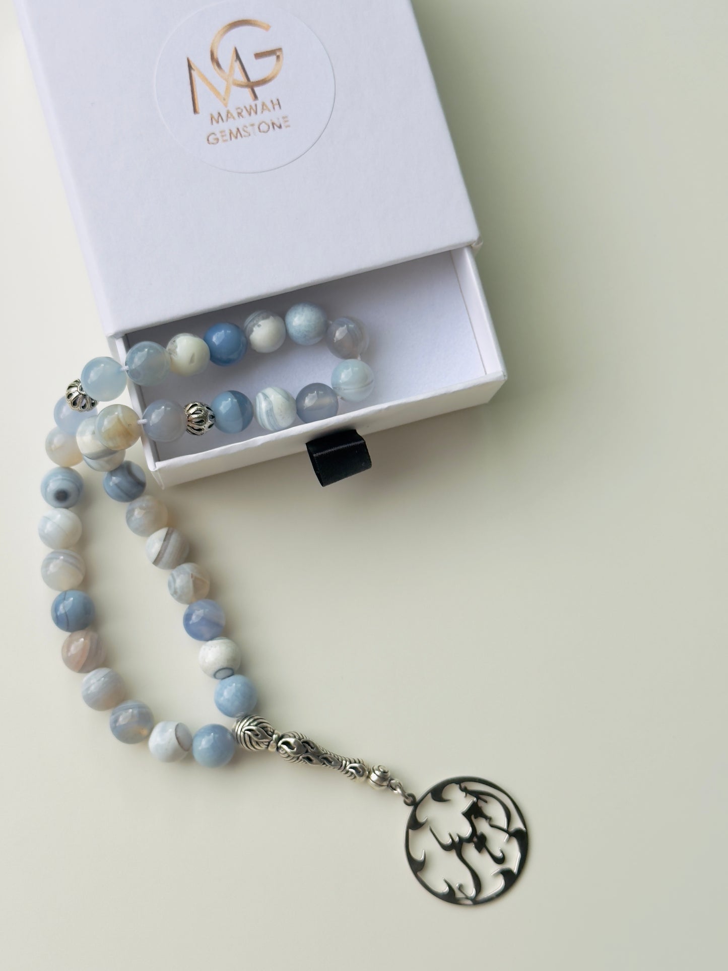 33-Bead Blue Agate Misbaha with Custom Silver 925 Arabic Name Charm