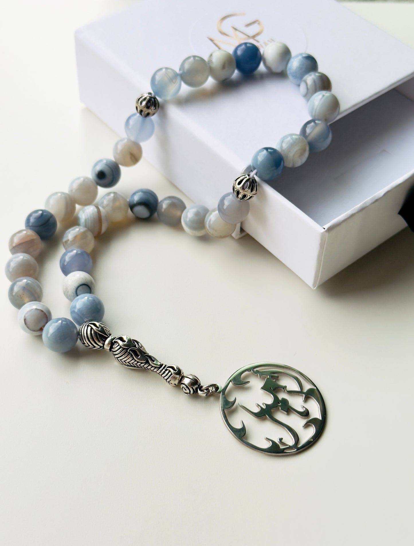 33-Bead Blue Agate Misbaha with Custom Silver 925 Arabic Name Charm