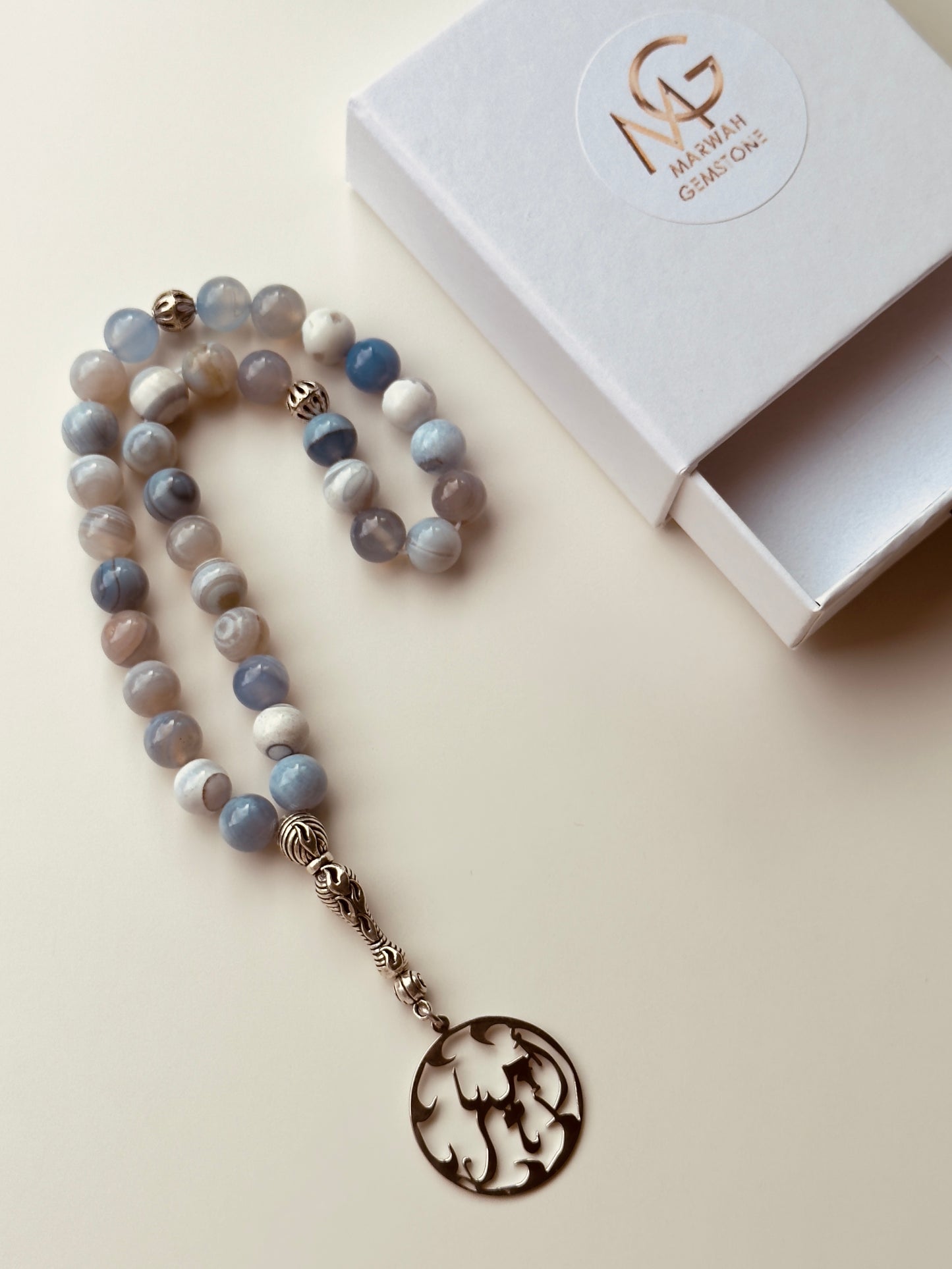 33-Bead Blue Agate Misbaha with Custom Silver 925 Arabic Name Charm