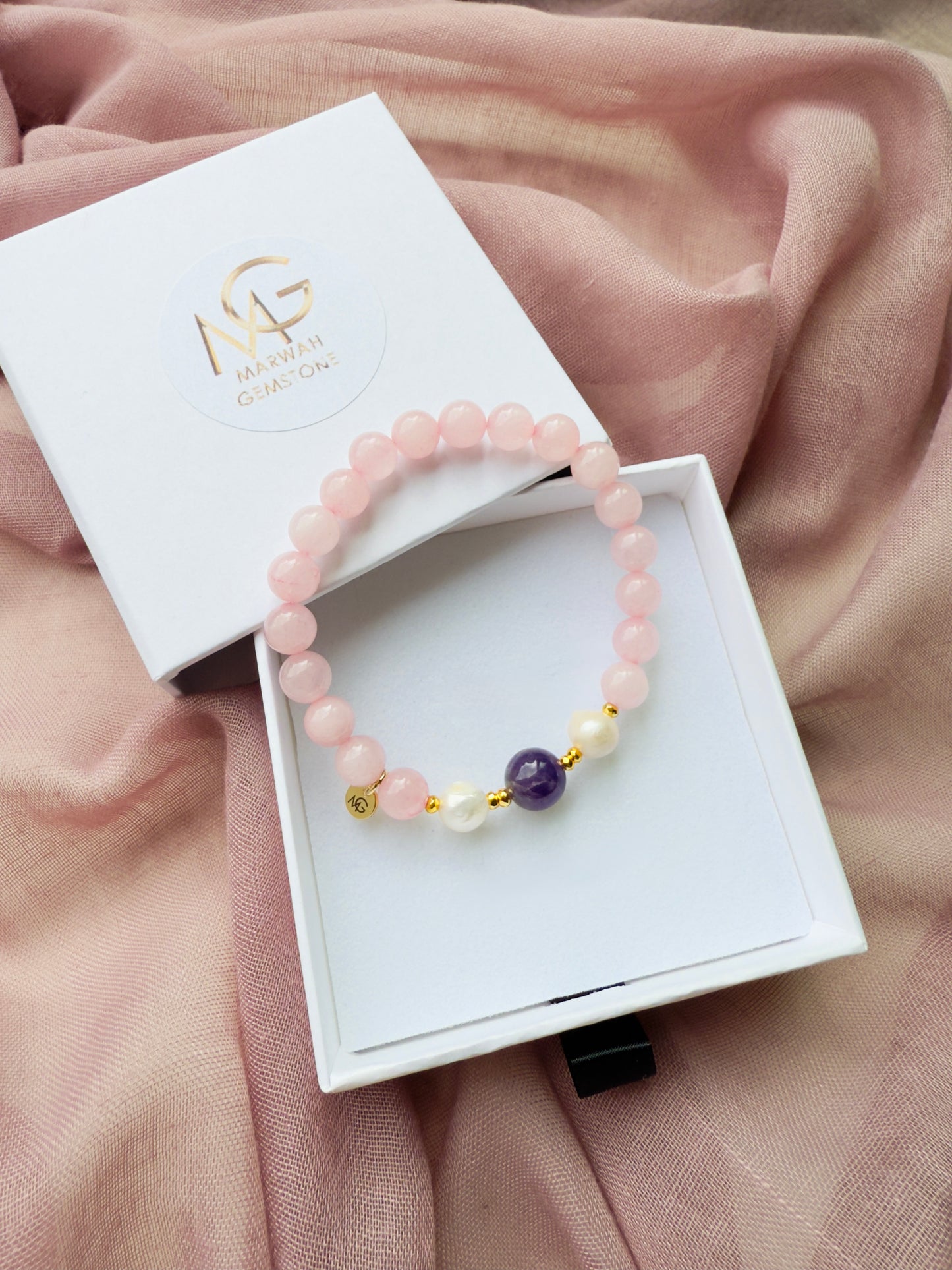 Rose Quartz - Amethyst - Natural Pearl Bracelet with Hematite Spacers