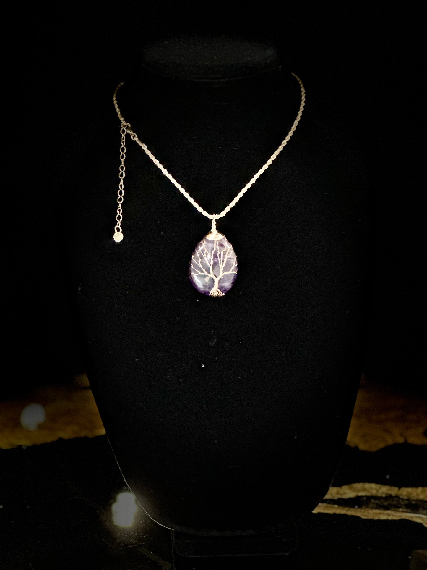 Amethyst Pendant Necklace With The Tree Of Life Handcrafted On It