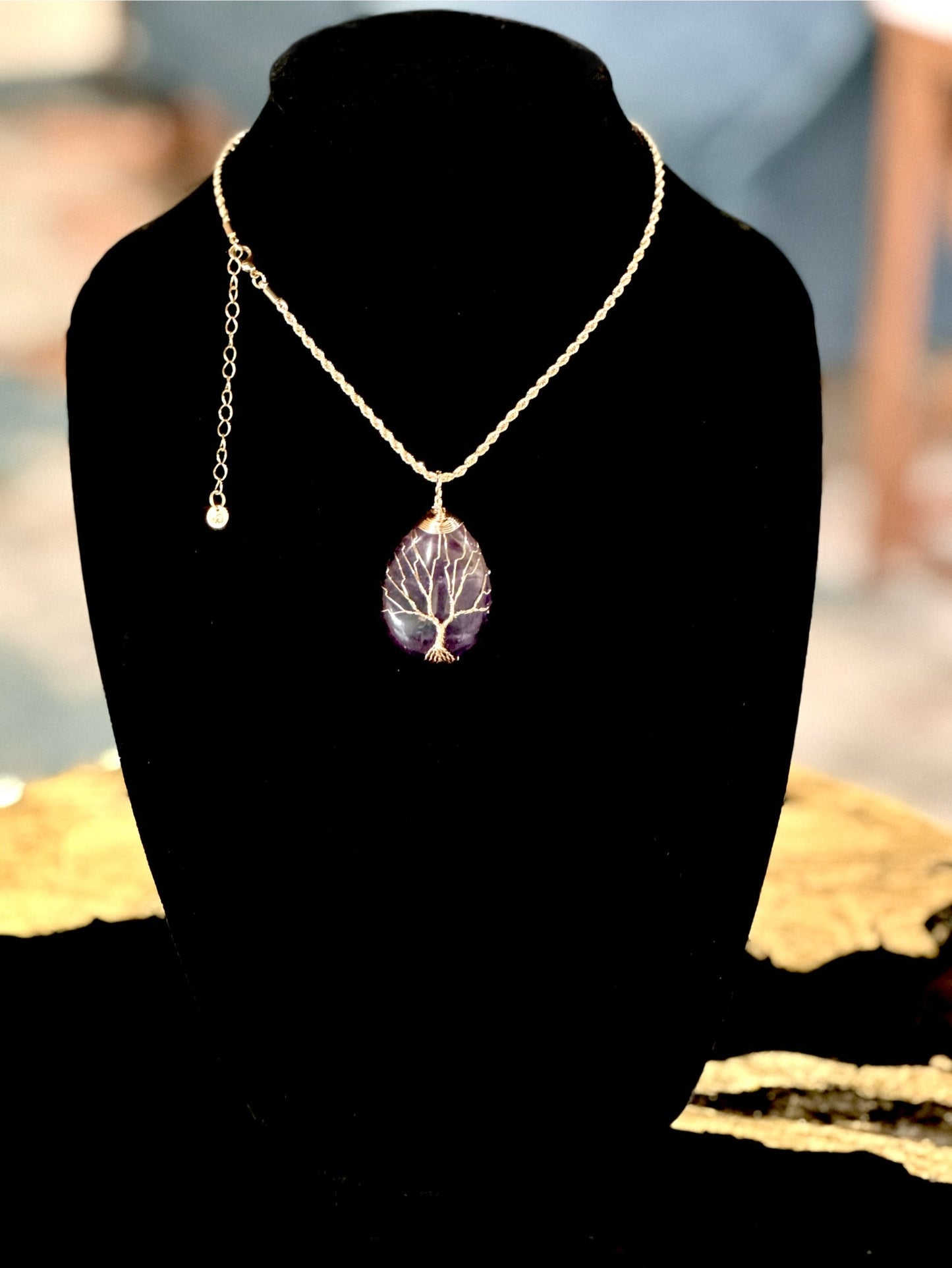 Amethyst Pendant Necklace With The Tree Of Life Handcrafted On It