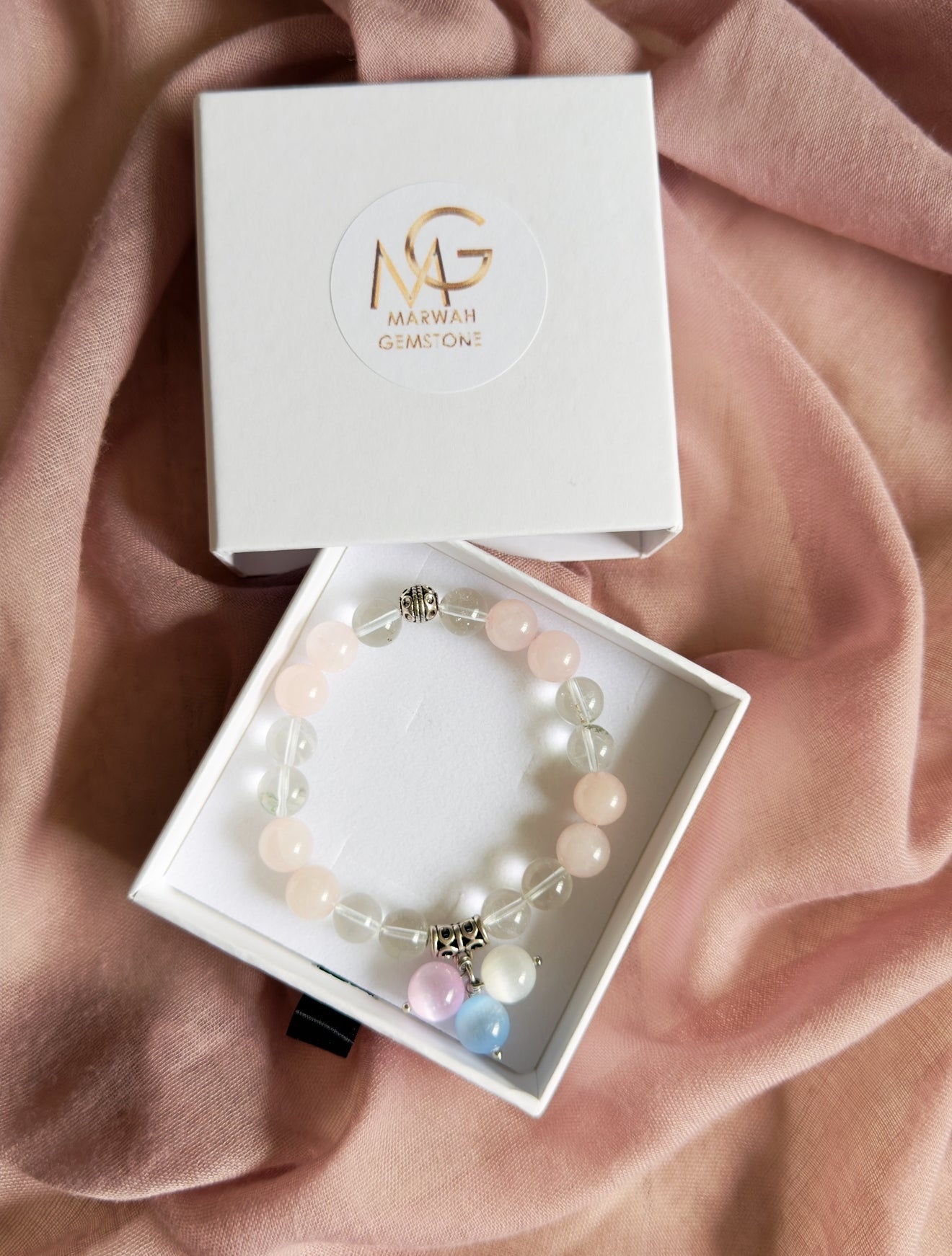 **NEW DESIGN** Rose Quartz - Clear Quartz Bracelet with Selenite Charm