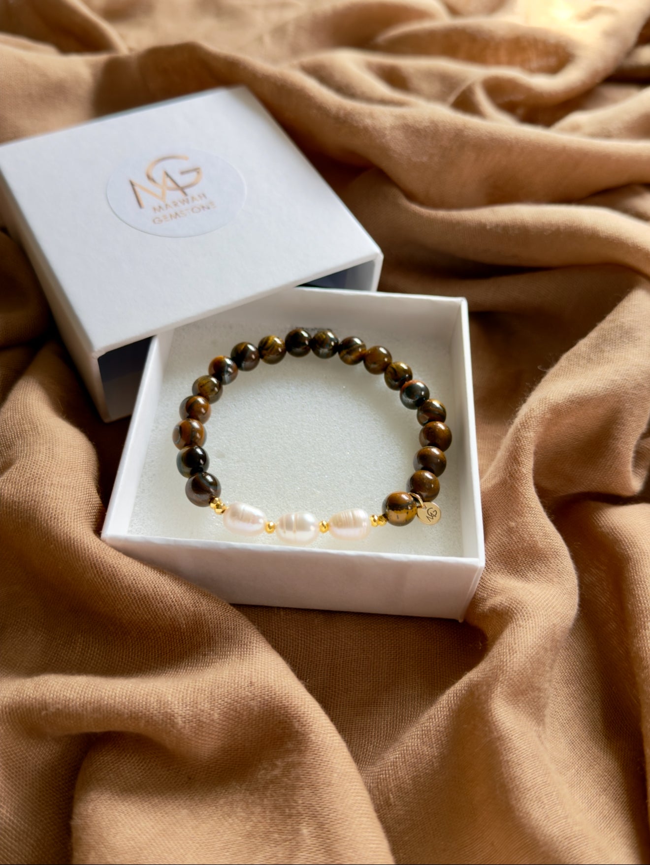 Tiger Eye - Natural Pearl Bracelet with Hematite Spacers