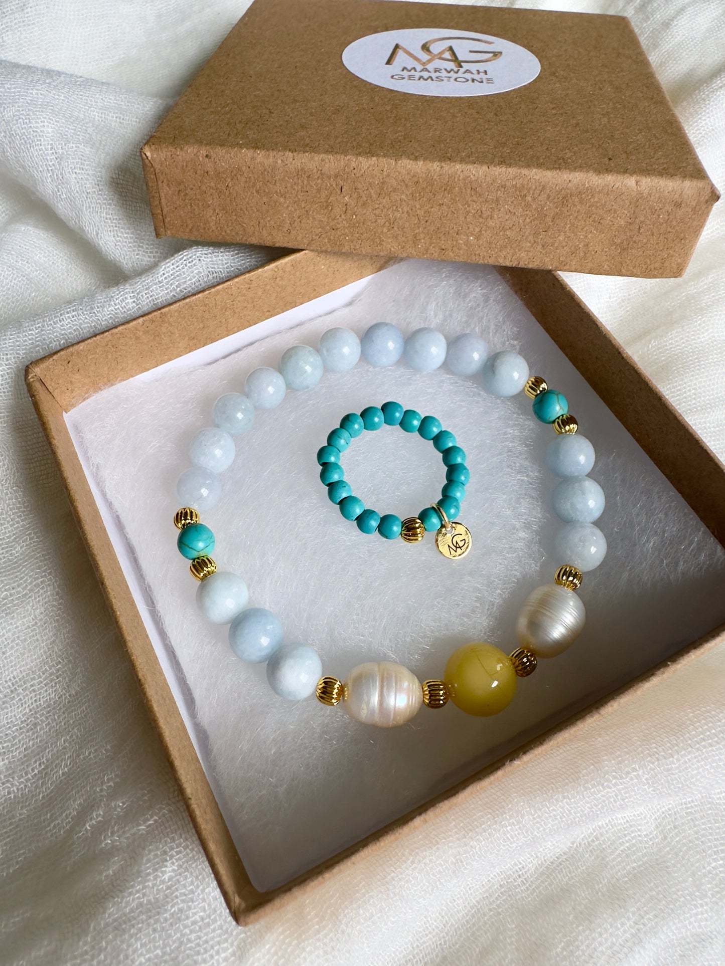 سوار تخفيف التوتر والقلق من حجر الاكومارين وحبة كهرمان آصفر ولؤلؤ طبيعي وفيروز